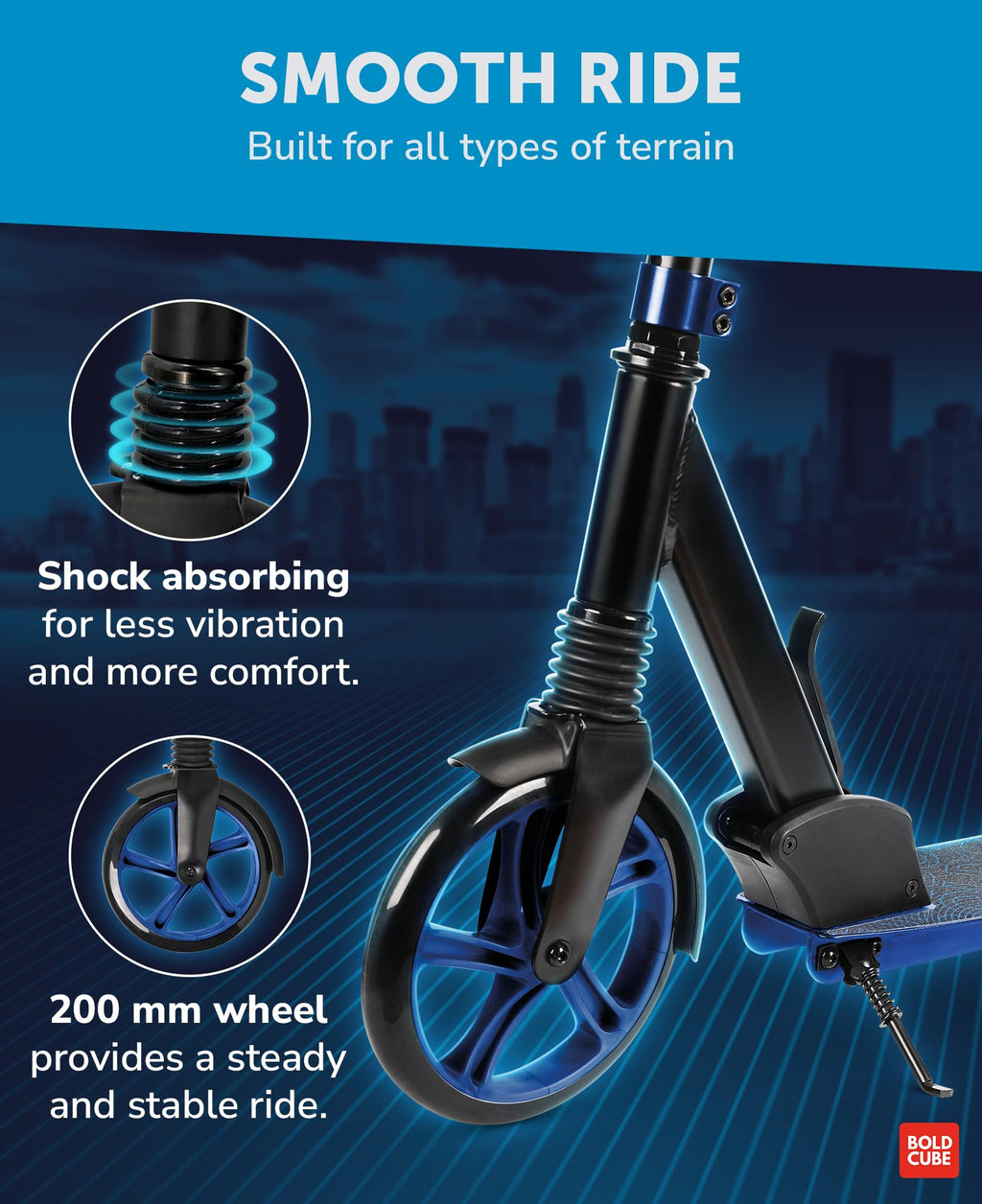 BOLDCUBE Big 2 Wheel Scooter for Kids & Teens - 200mm Wheels - Deep Blue