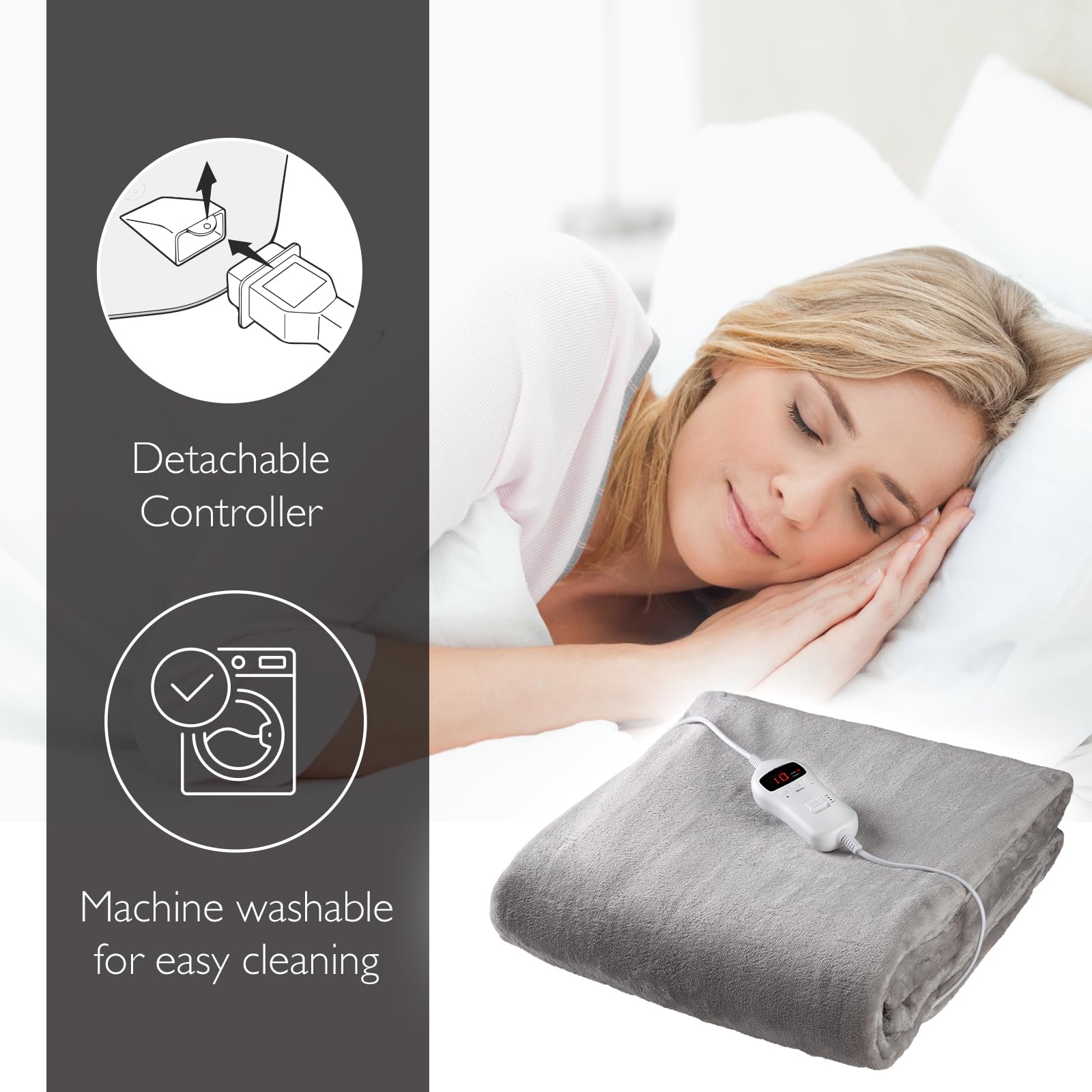Sensio Home Luxury Heated Throw – Electric Flannel Fleece Blanket, Grey