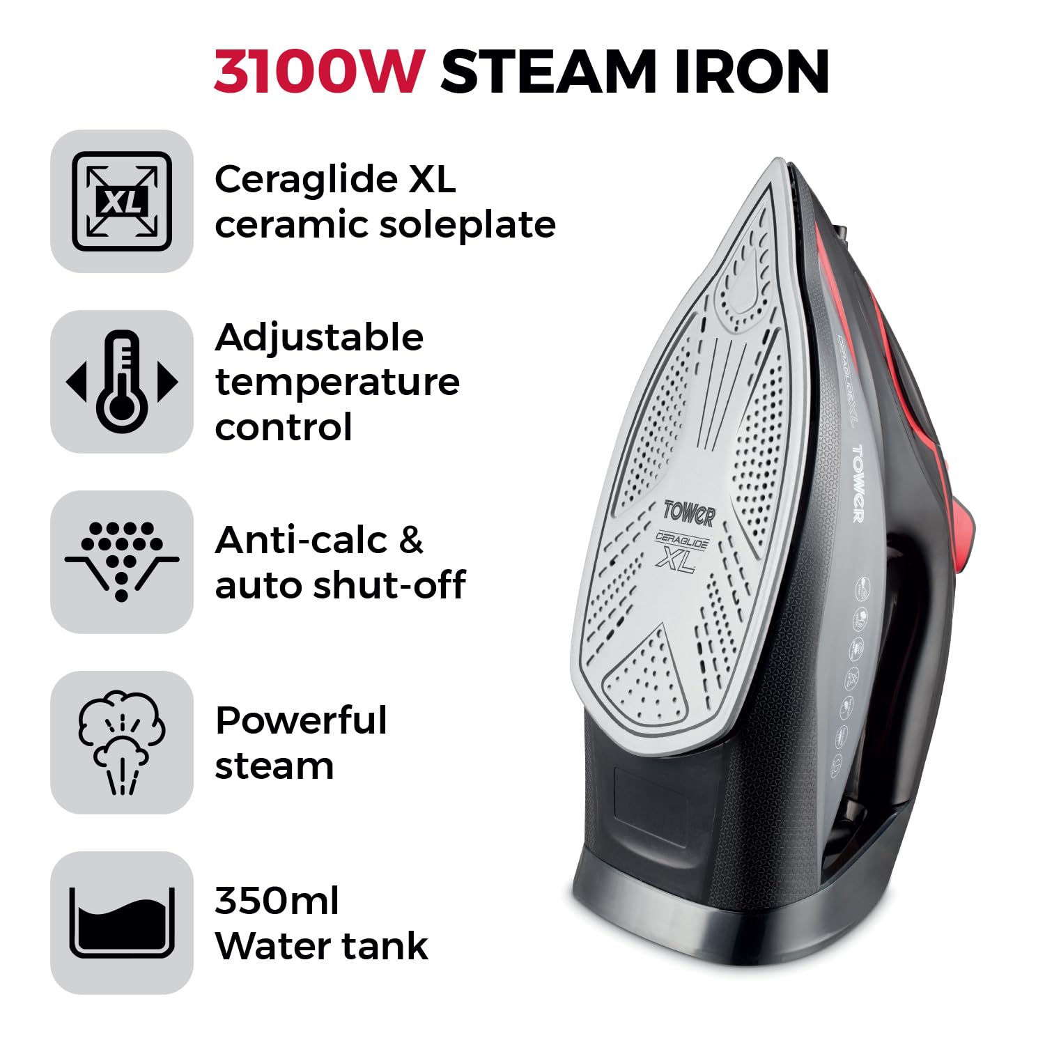 Tower T22032RED Steam Iron | 3100W Ceraglide XL Ceramic Soleplate