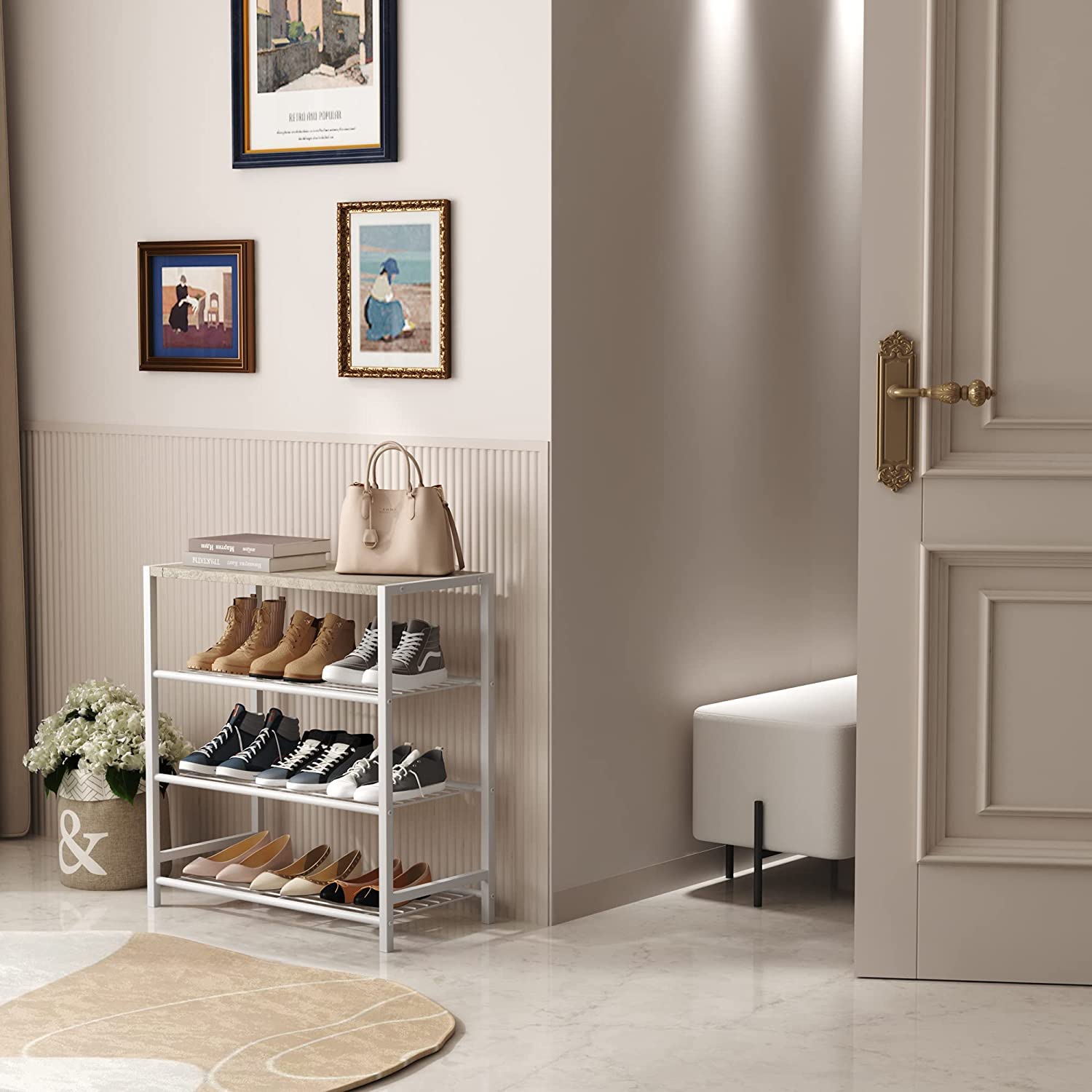 HOME BI 4-Tier Industrial Shoe Rack | Metal Storage Shelf with MDF Top, White