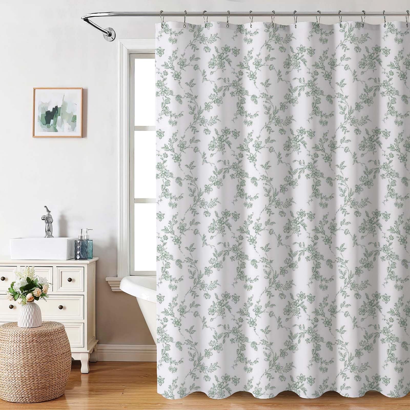 AIBIIN Sage Green Floral Shower Curtain | Waterproof Polyester, 71x78"