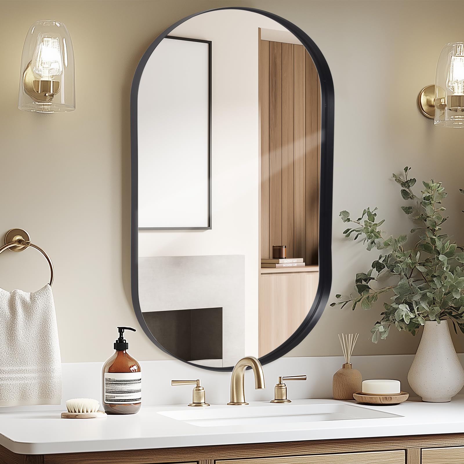 LunaMirror Oval Bathroom Vanity Mirror – 60x90 CM Black Metal Frame