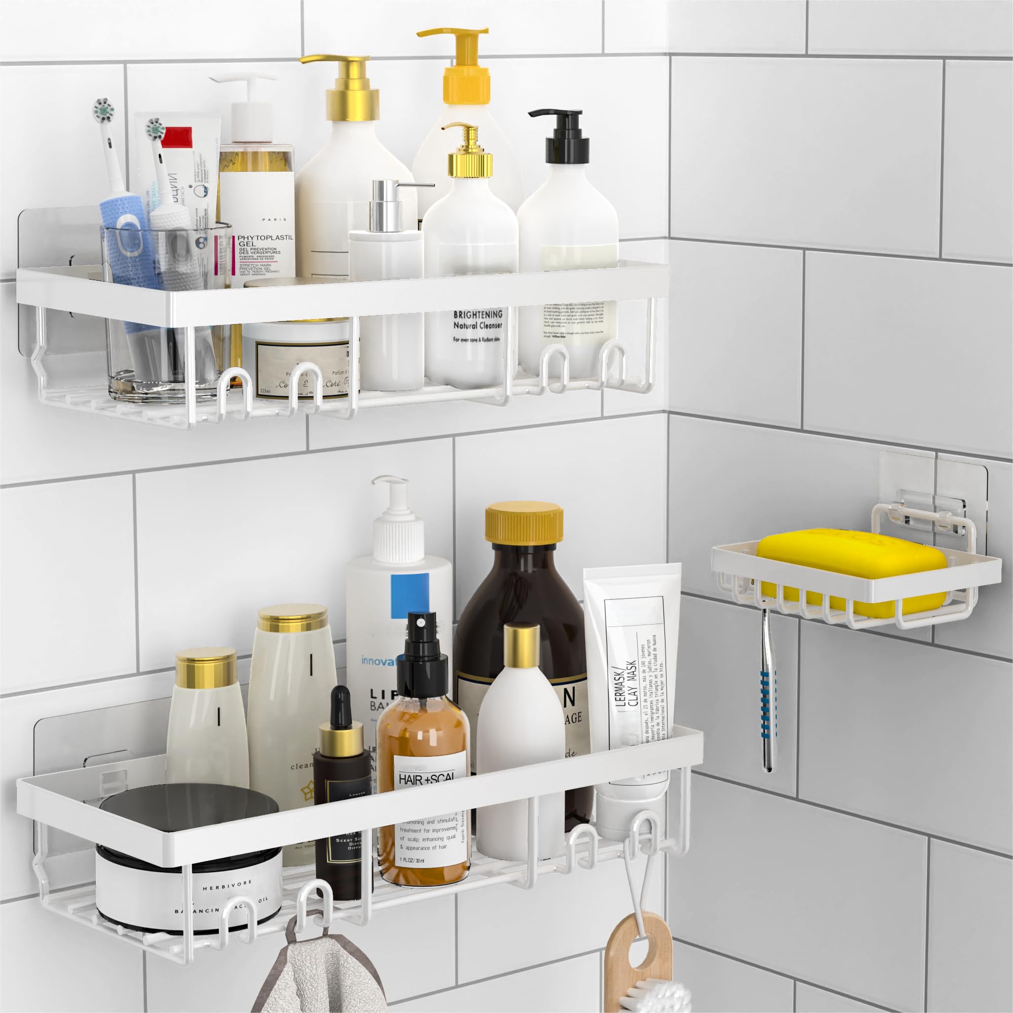 DIFULI Shower Caddy 3 Pack | No Drill Adhesive Bathroom Shelf with Soap Holder