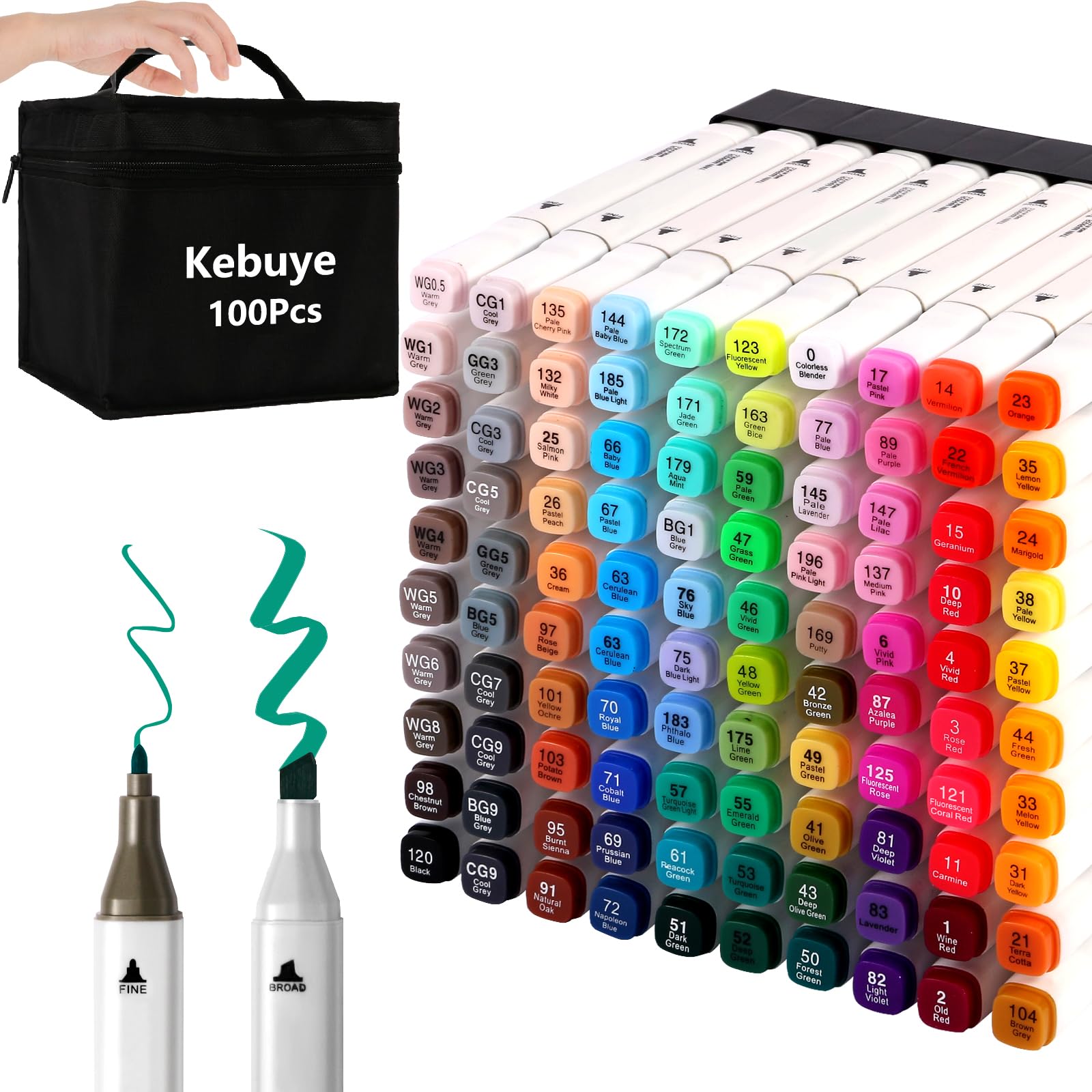 Kebuye 100 Color Alcohol Markers – Dual Tip Fine & Broad Art Pens