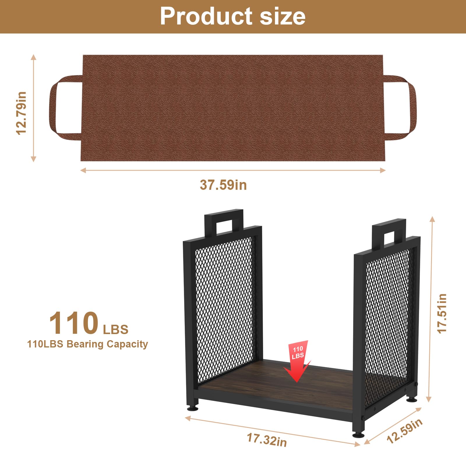 VyGrow Indoor Firewood Rack – Heavy Duty Metal Log Holder with Leather Carrier