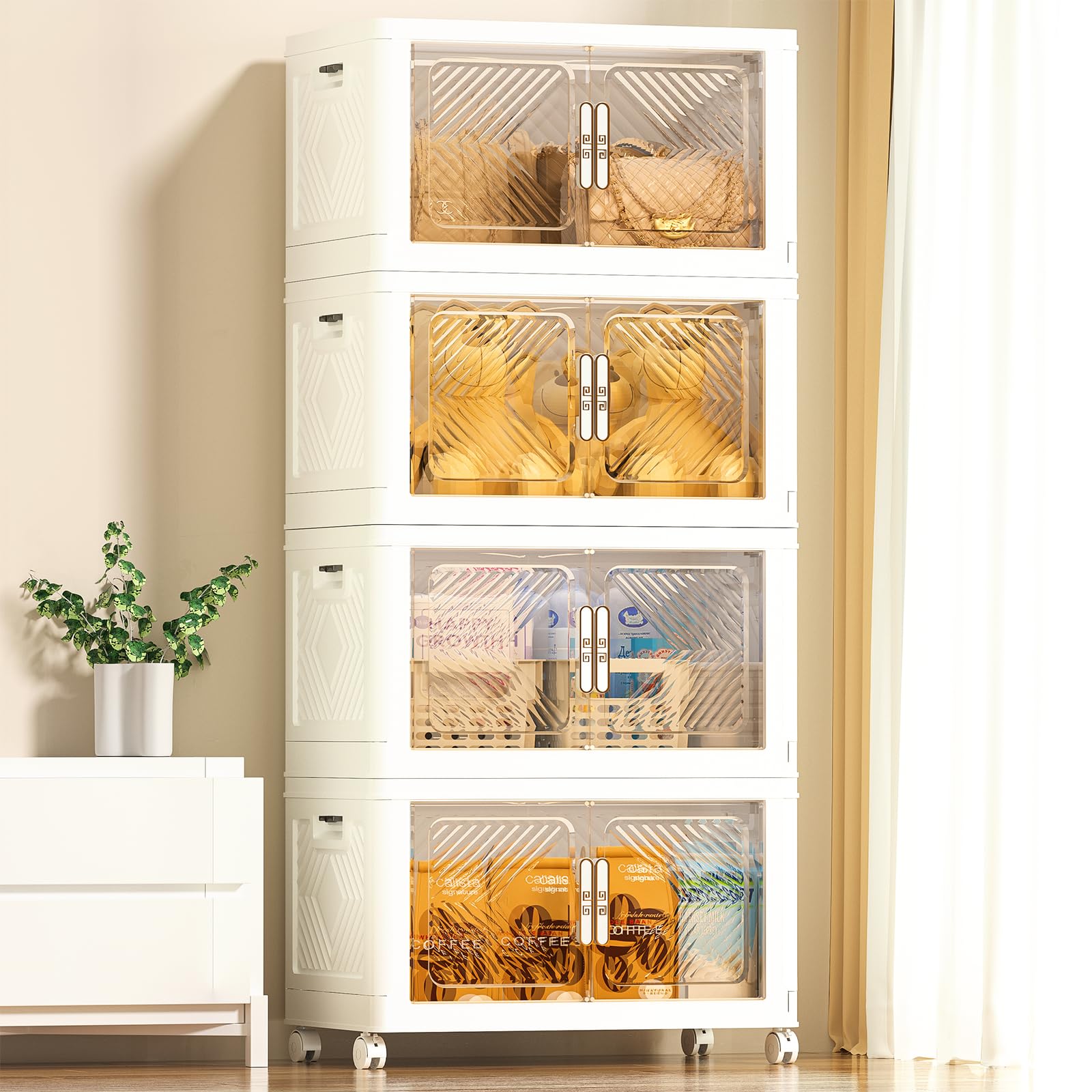 Pioncrey 4-Pack Stackable Storage Boxes | 70L Collapsible Bins with Wheels