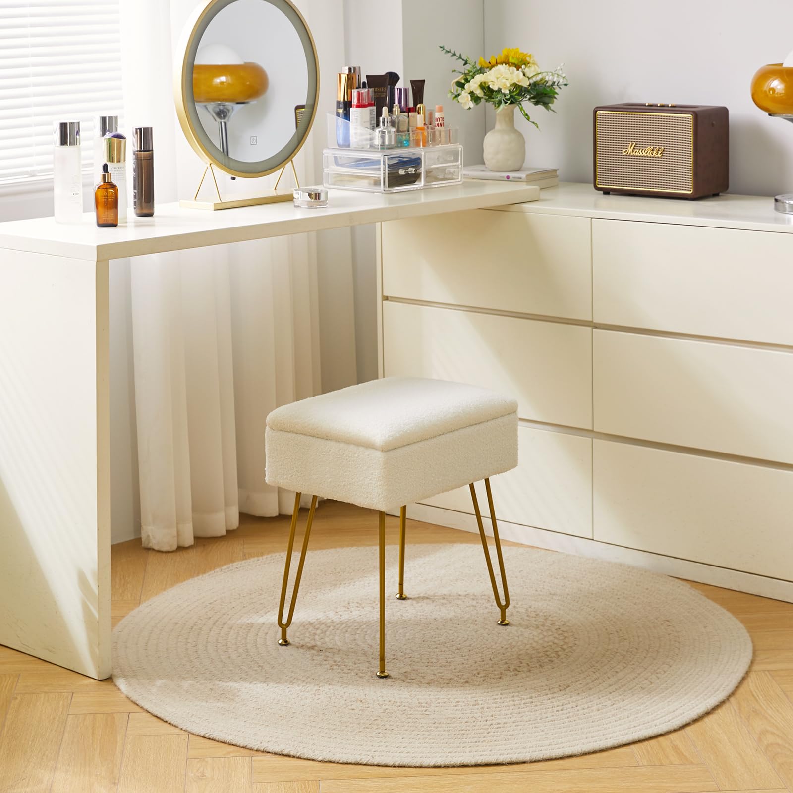 YMYNY Teddy Velvet Storage Ottoman | Modern Upholstered Footstool with Metal Legs