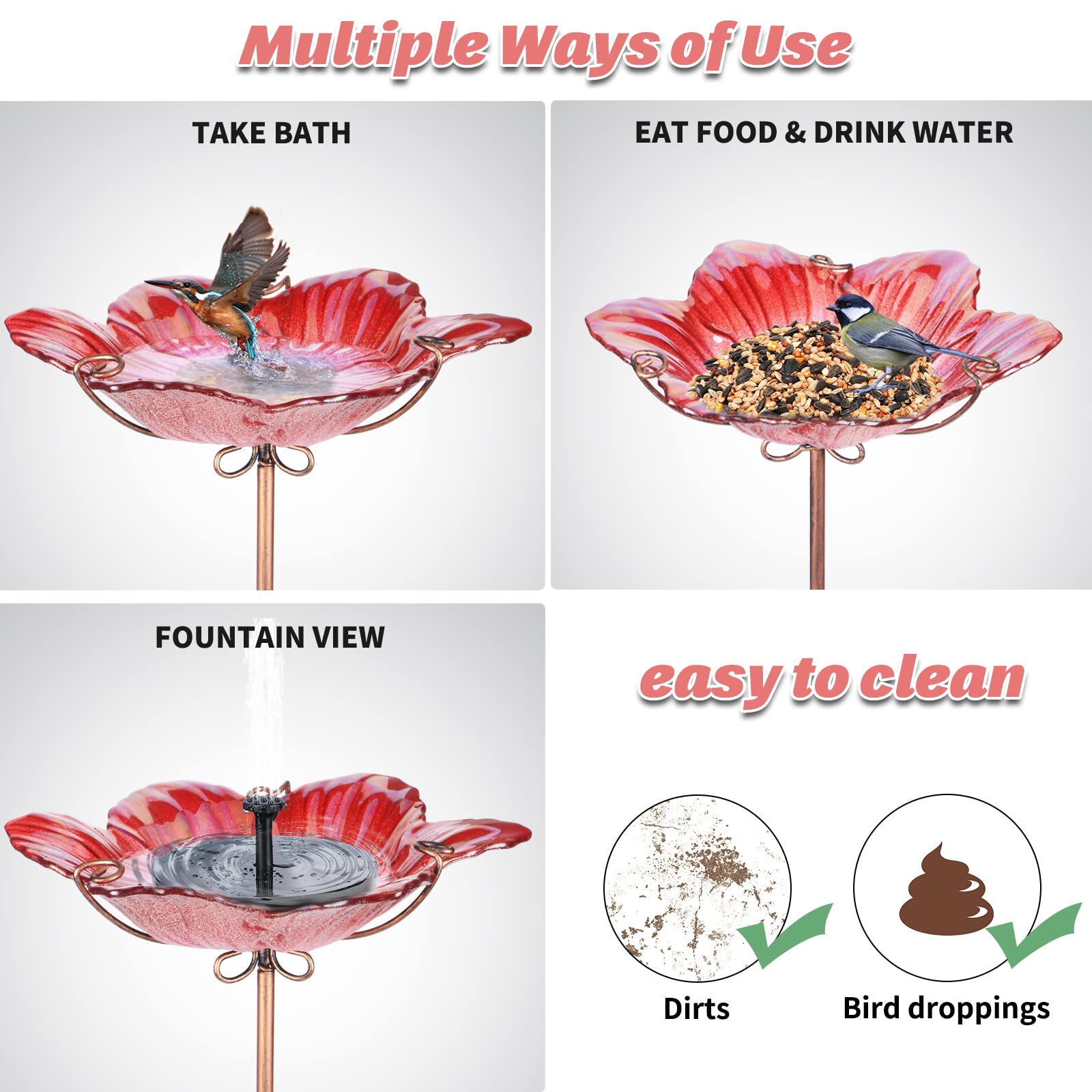 MUMTOP Glass Bird Bath and Feeder – Flower Pattern with Metal Stake, Red