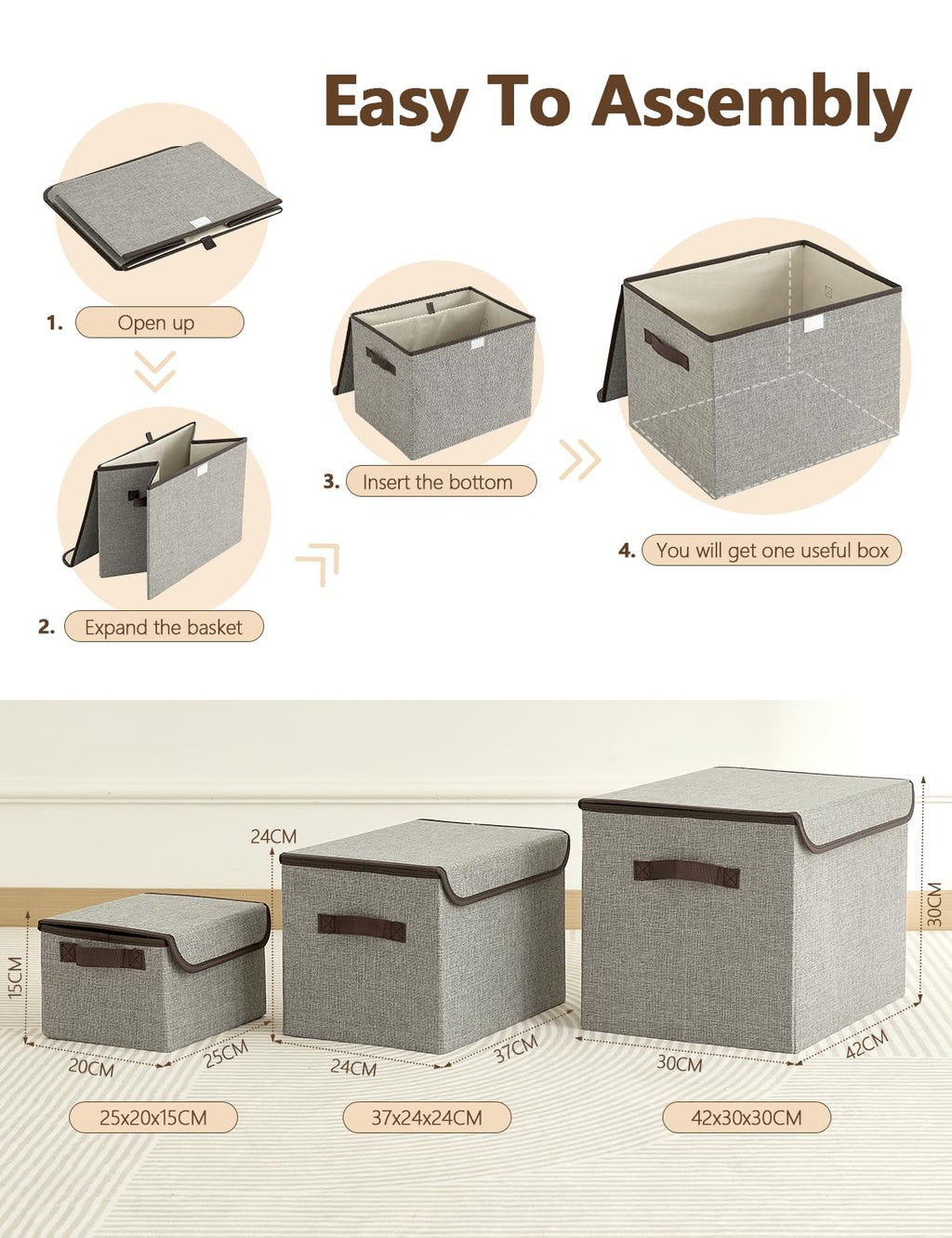 Bagnizer Medium Collapsible Storage Baskets Foldable with Lids 3PCS