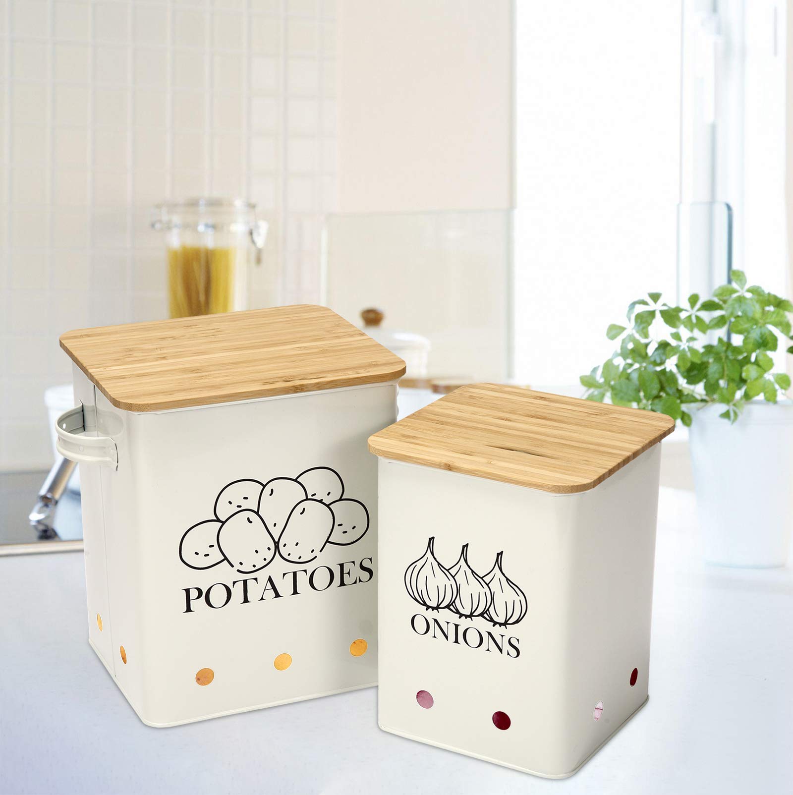 Xbopetda Potato and Onion Storage Tins – 2pc Metal Pantry Organiser