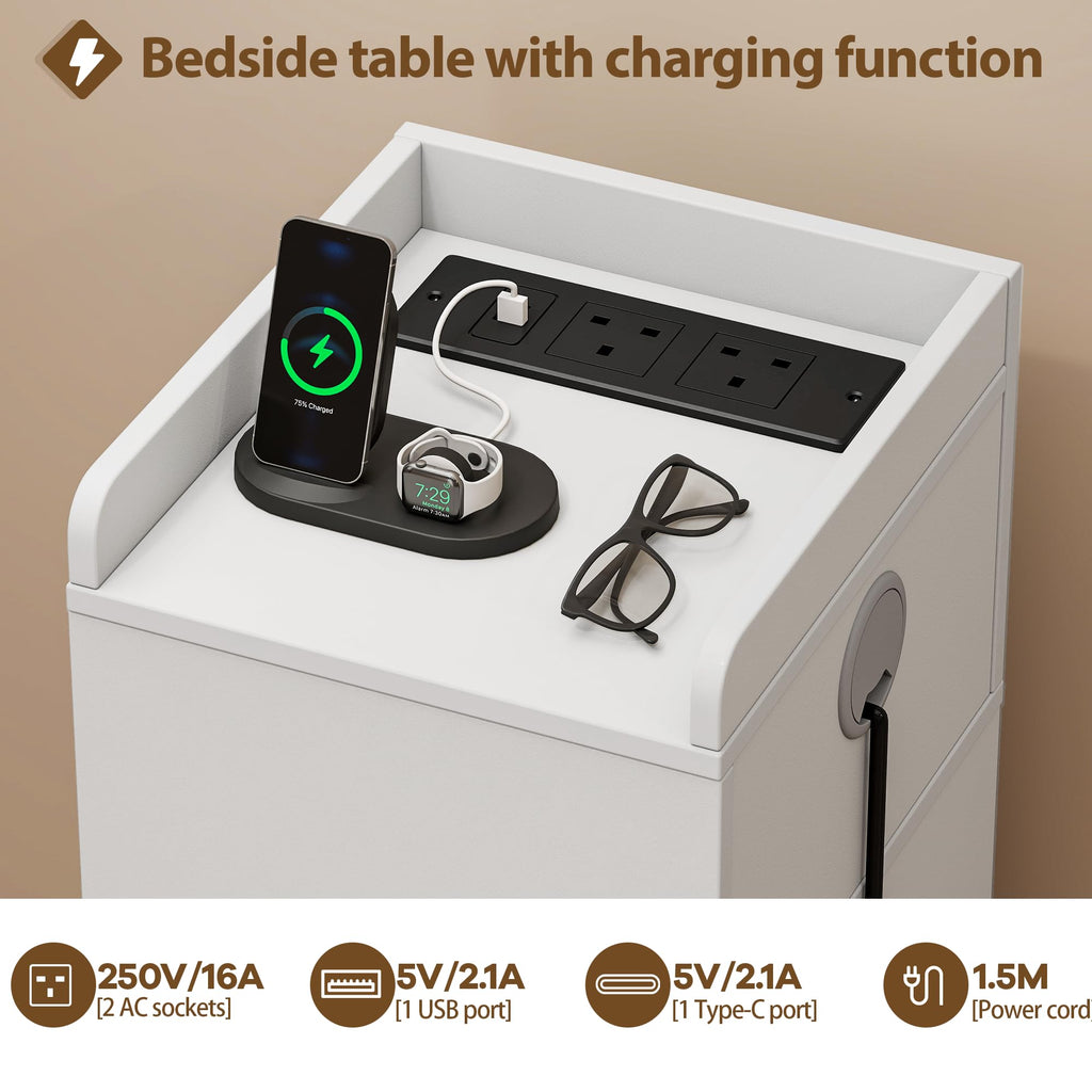 Quikraen Set of 2 Slim Bedside Table with Charging Station&Sensor LED Light - image 3
