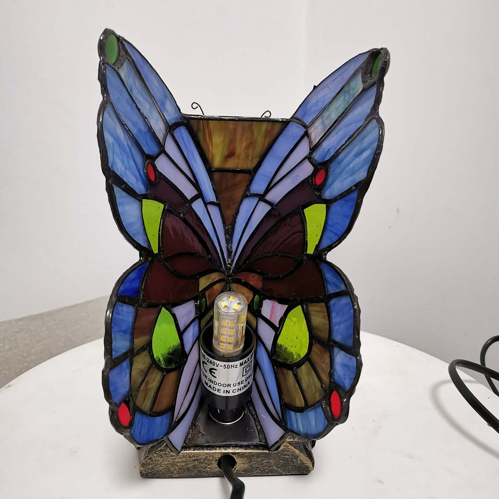 Bieye Butterfly Tiffany Style Stained Glass Table Lamp | Blue & Red