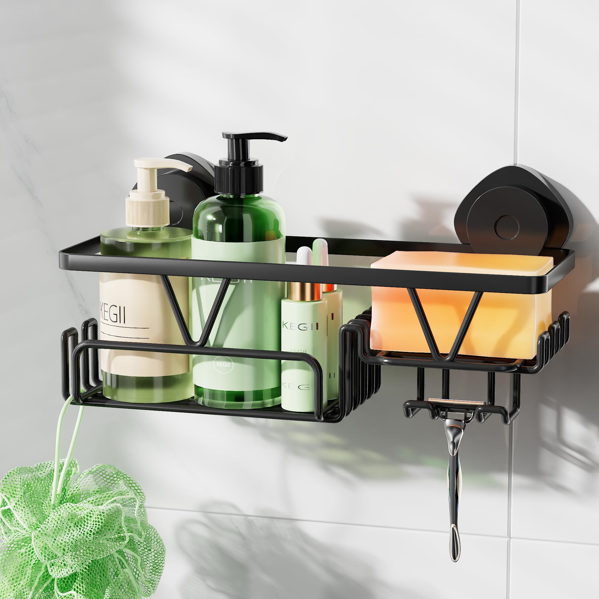 Kegii Shower Caddy Suction Cup – Black No-Drill Shelf with Soap Dish