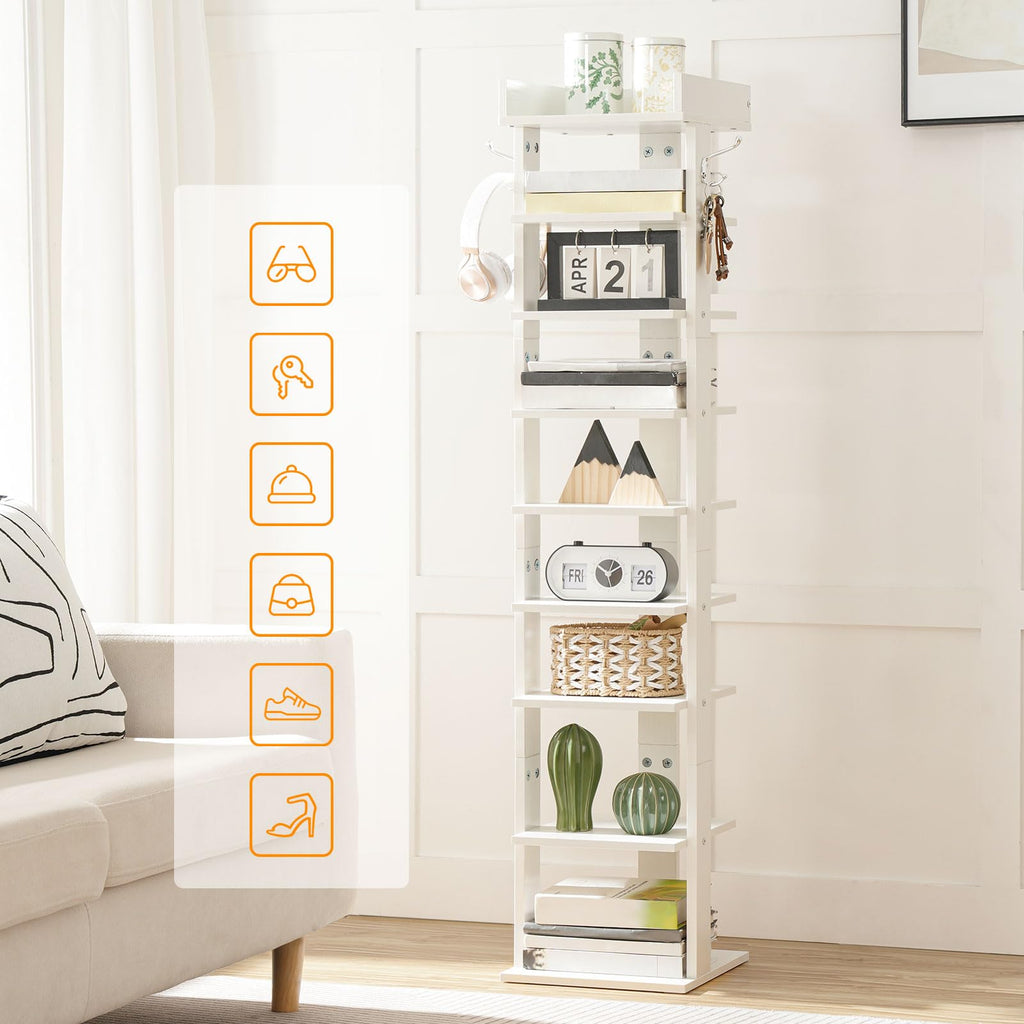 HOOBRO 9-Tier Narrow Shoe Rack | Tall Wooden Vertical Storage with Hooks