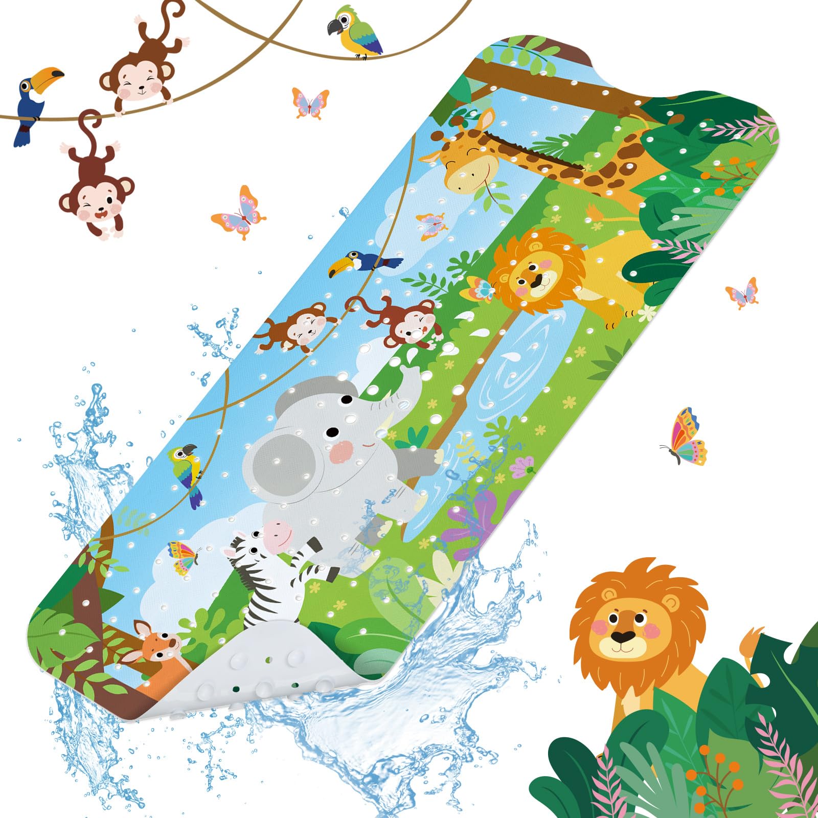 SHUCHING Jungle Animals Kids Bath Mat | 100x40cm Non-Slip PVC Bathtub Mat