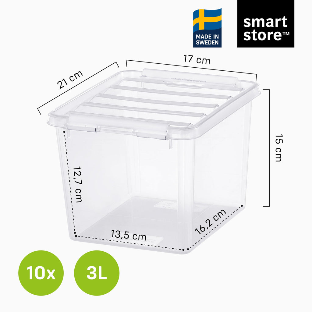 SmartStore - 10x Plastic Storage Box with Lid 3L 21x17x15cm |Plastic Storage Drawers with Lid|Food-Safe Material|Kitchen &