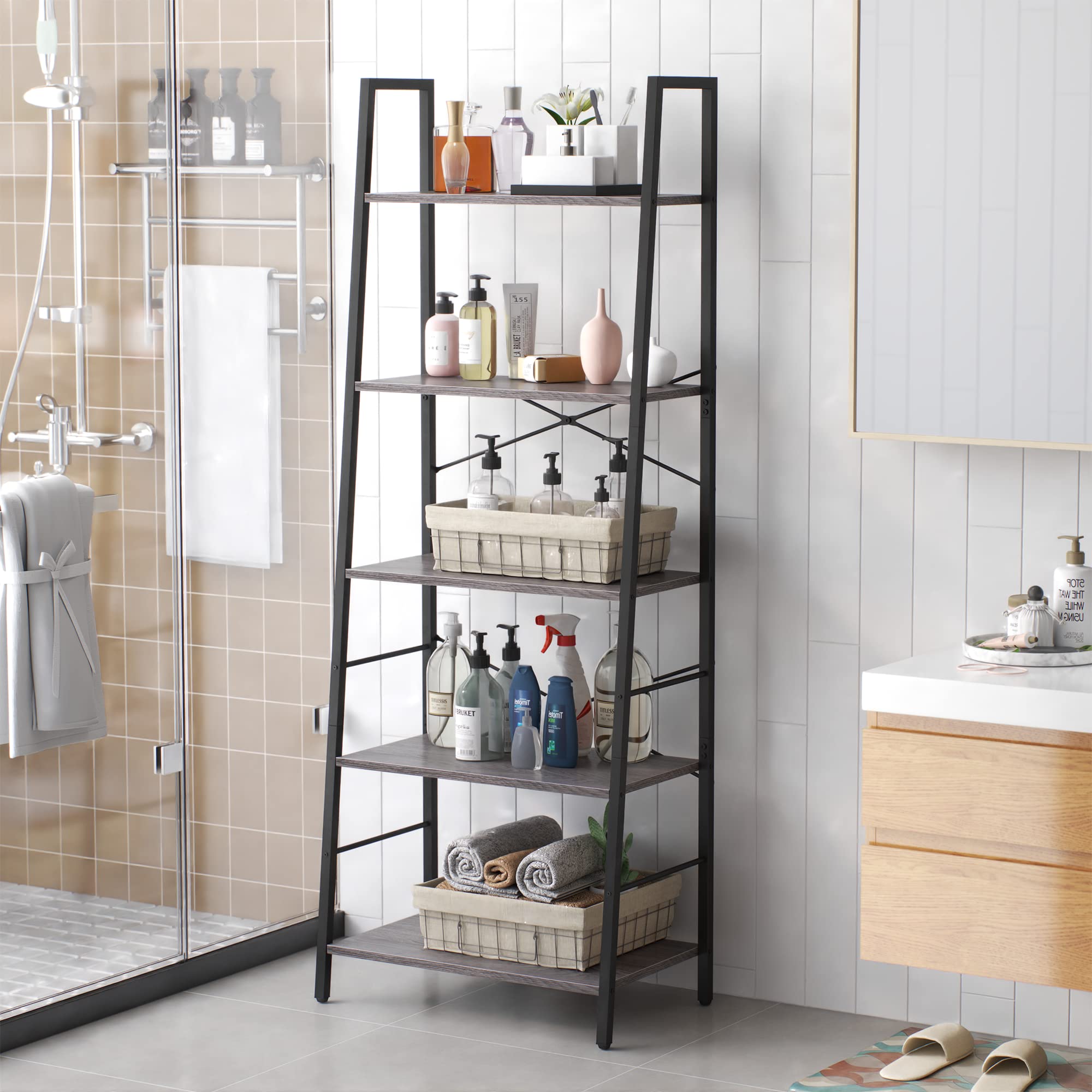 Yusong 5-Tier Industrial Ladder Shelf | Gray Oak Wood Bookcase