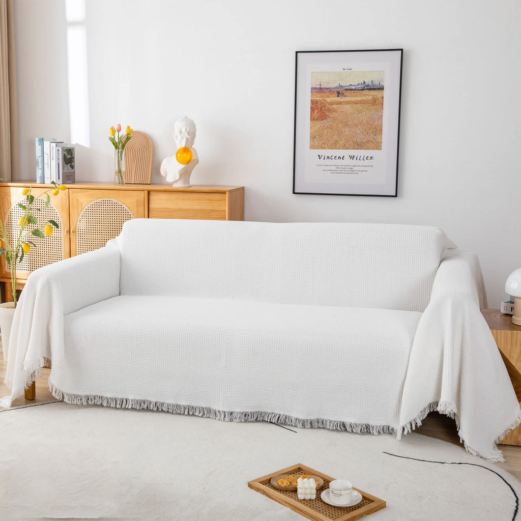 GAOWEI Waffle Sofa Throw – Cotton Couch Cover with Fringe, White 180x300cm