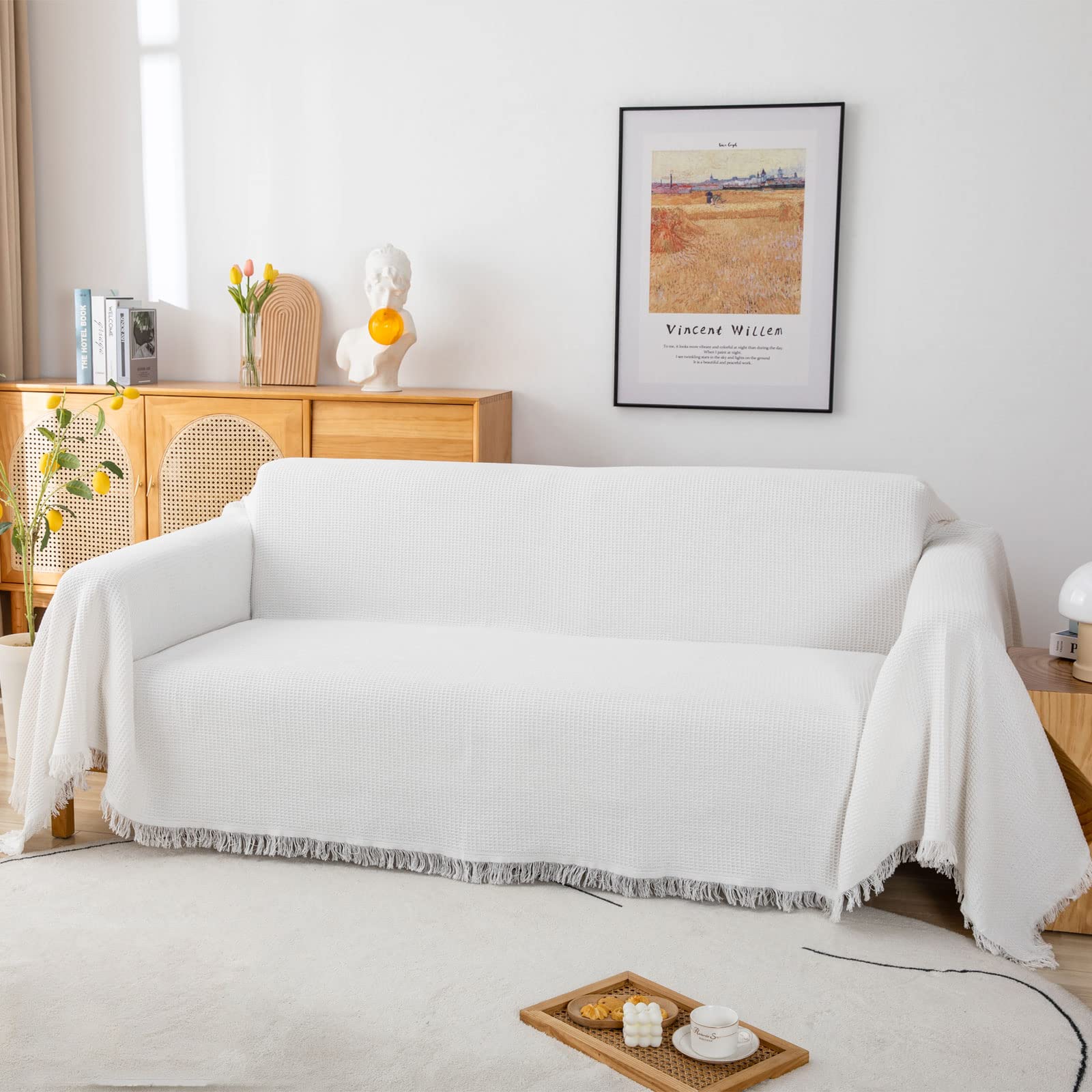 GAOWEI Waffle Sofa Throw – Cotton Couch Cover with Fringe, White 180x300cm