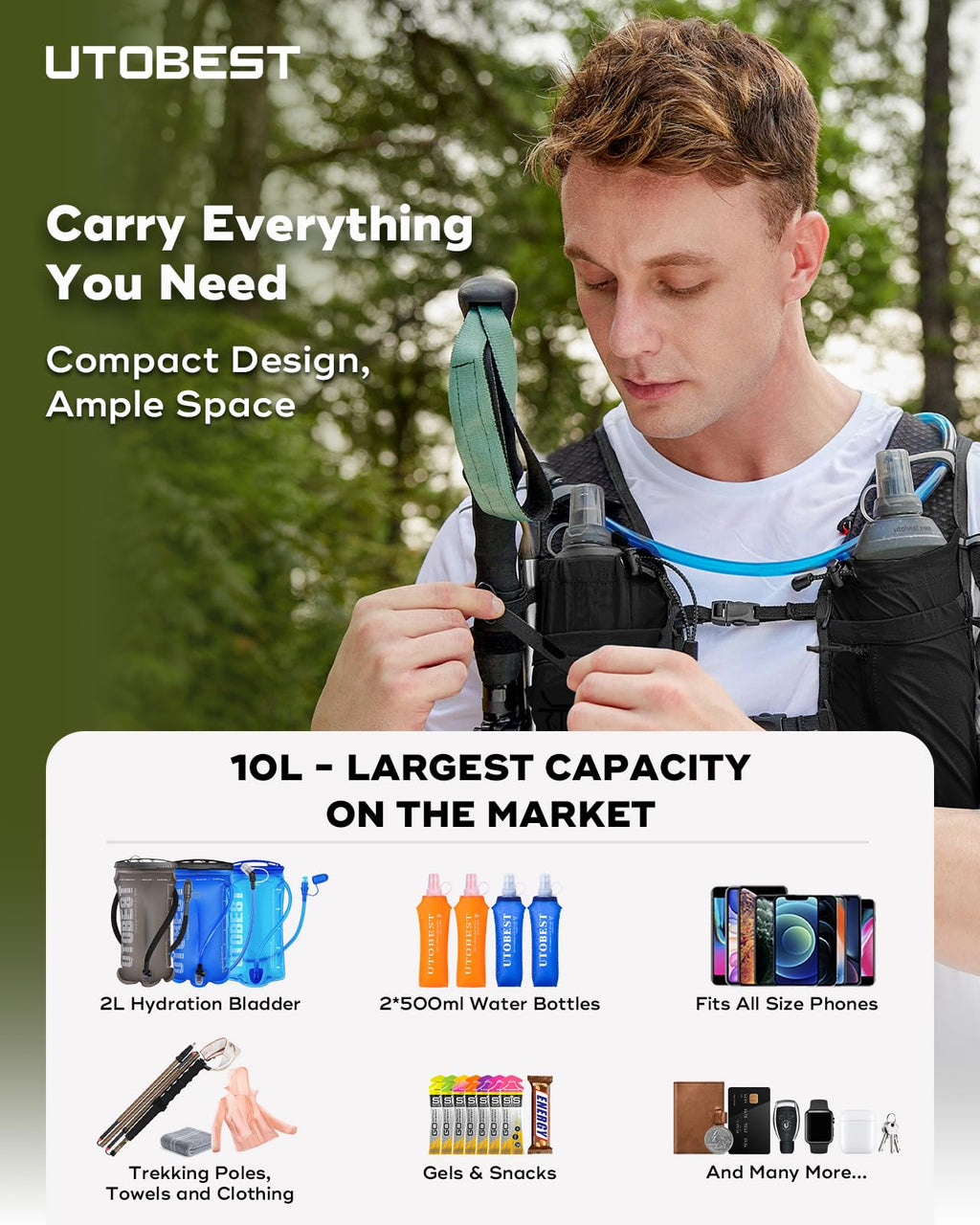 UTOBEST 10L Running Hydration Vest – Lightweight Backpack with 2L Bladder