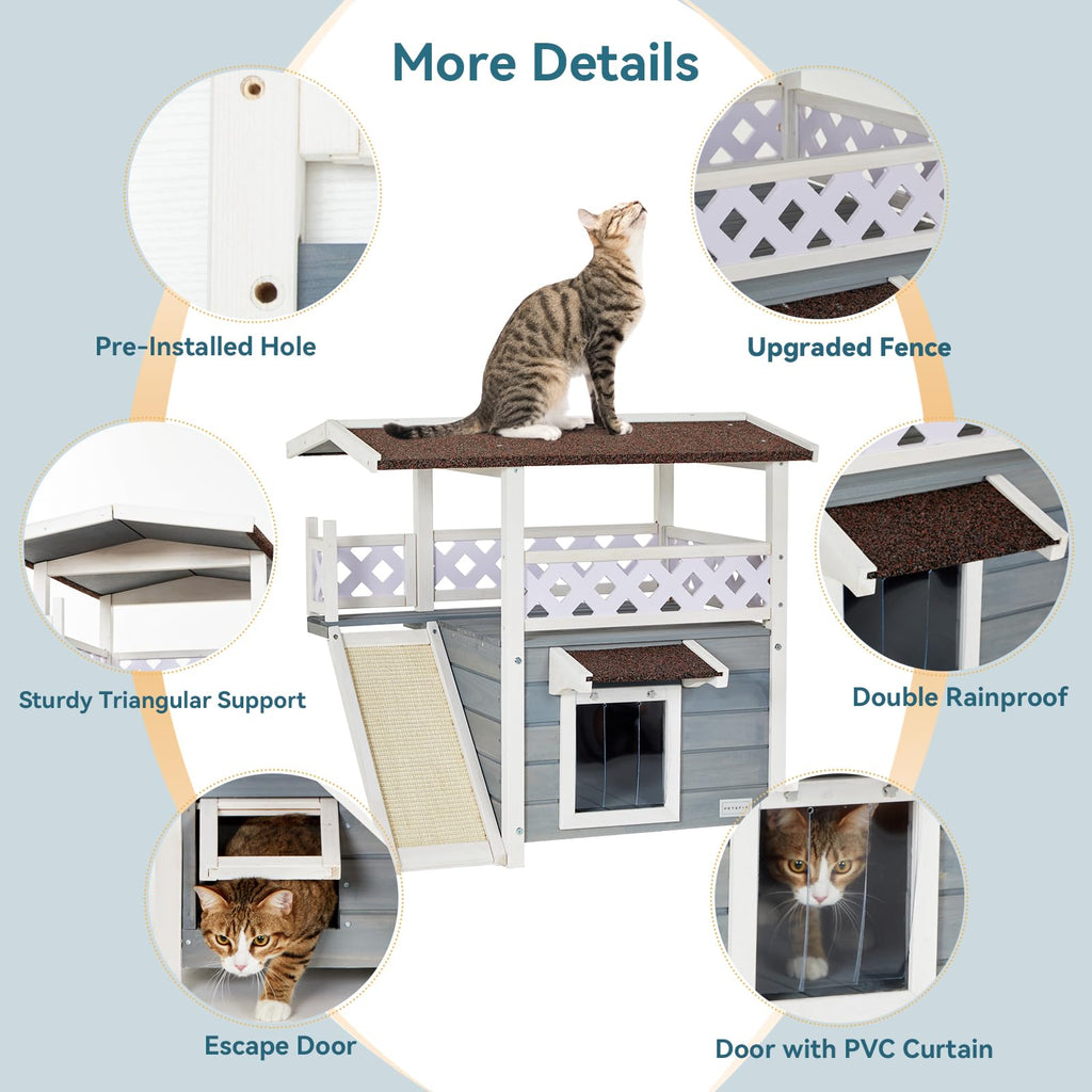 Petsfit 2-Story Wooden Outdoor Cat House - Waterproof Shelter with Balcony