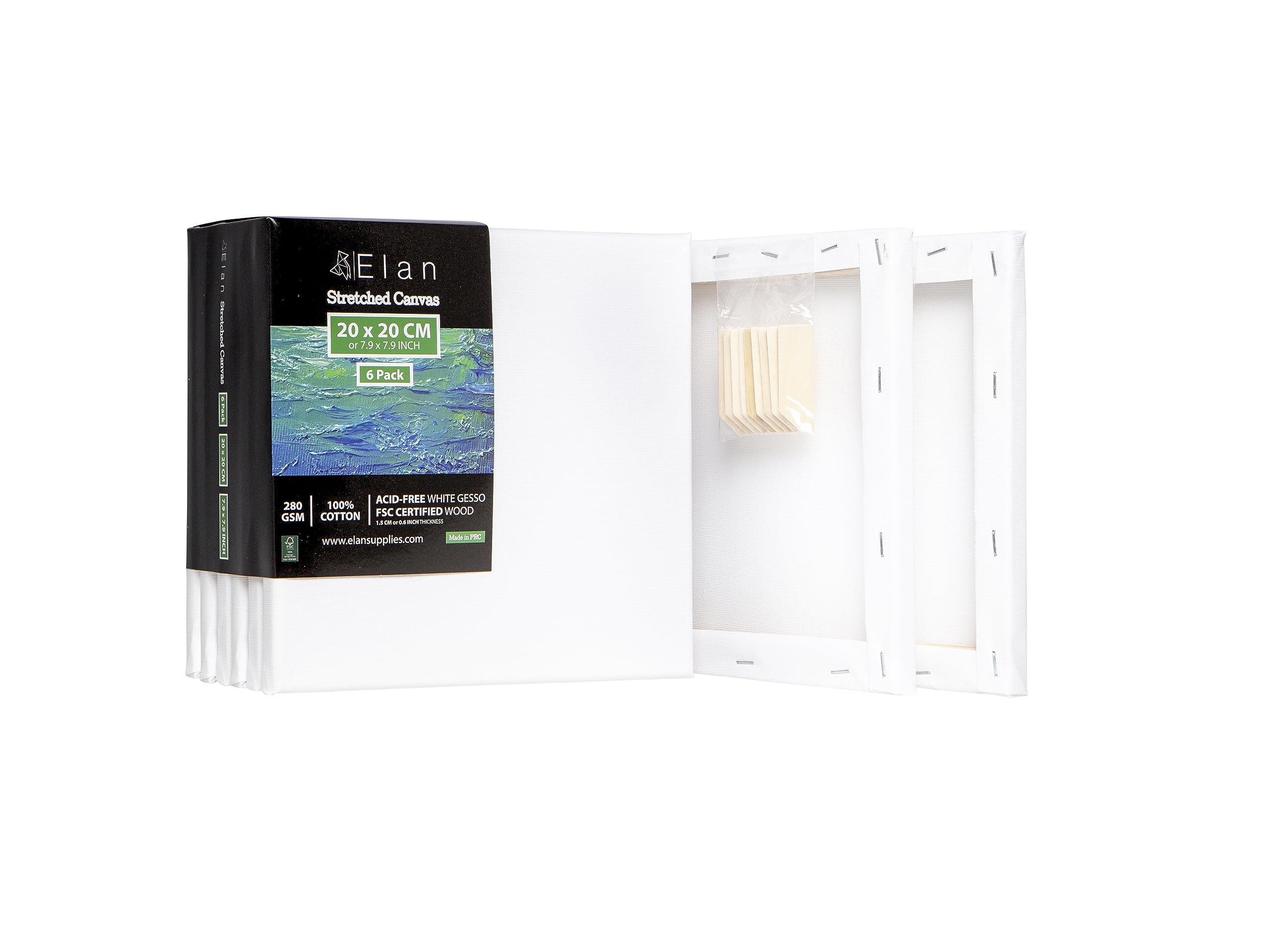 Elan 20x20cm Stretched Canvas 6-Pack | Triple Primed 100% Cotton