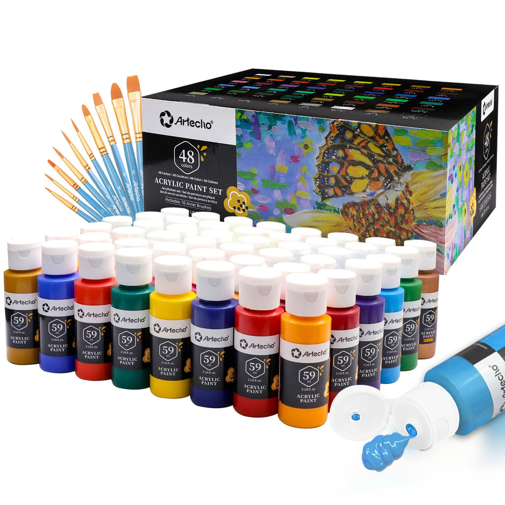 Artecho Acrylic Paint Set - 48 Colors, 2oz Bottles with 10 Brushes