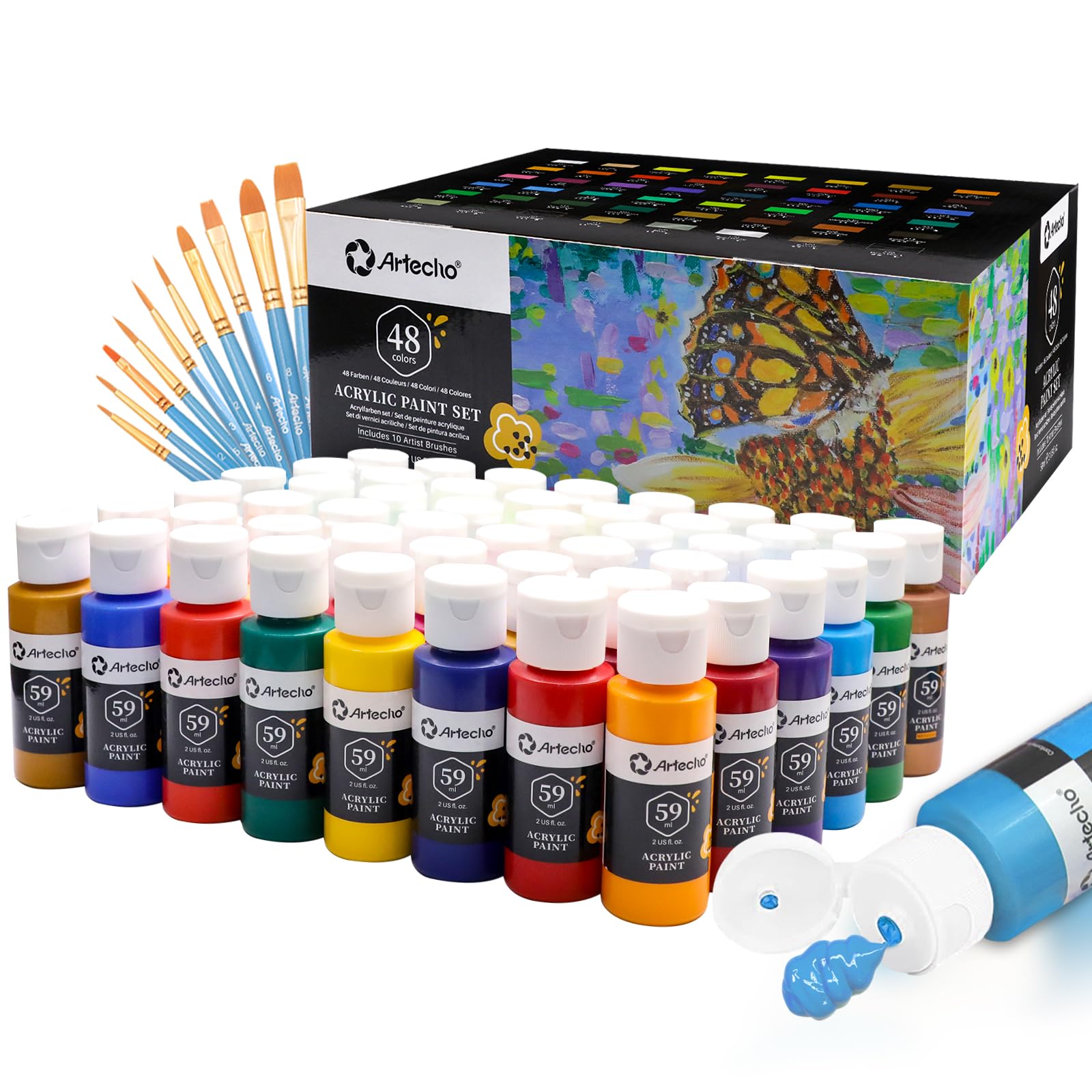 Artecho Acrylic Paint Set - 48 Colors, 2oz Bottles with 10 Brushes