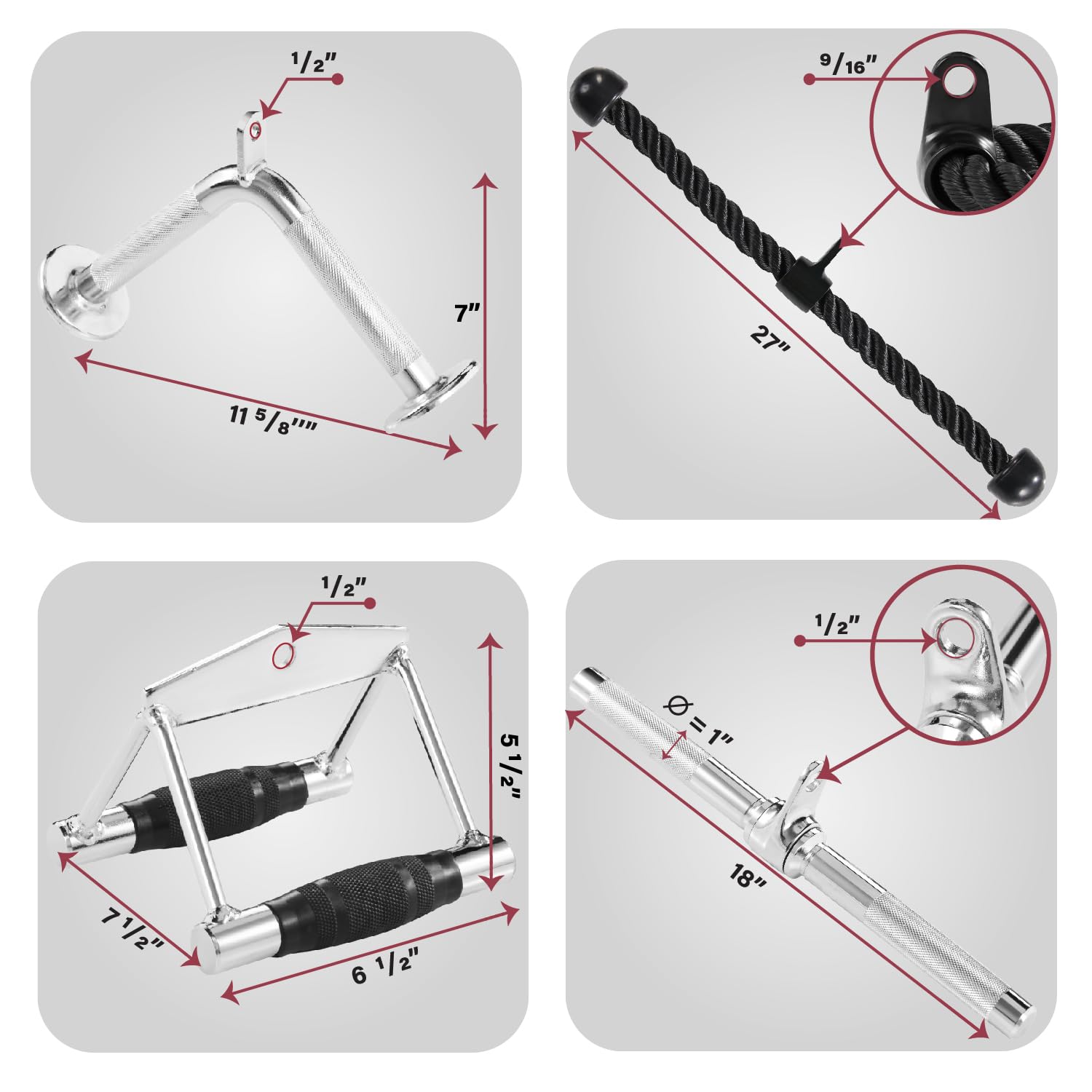Yes4All 4-Piece Cable Attachment Set: Tricep Rope, V-Bar, and Straight Bar