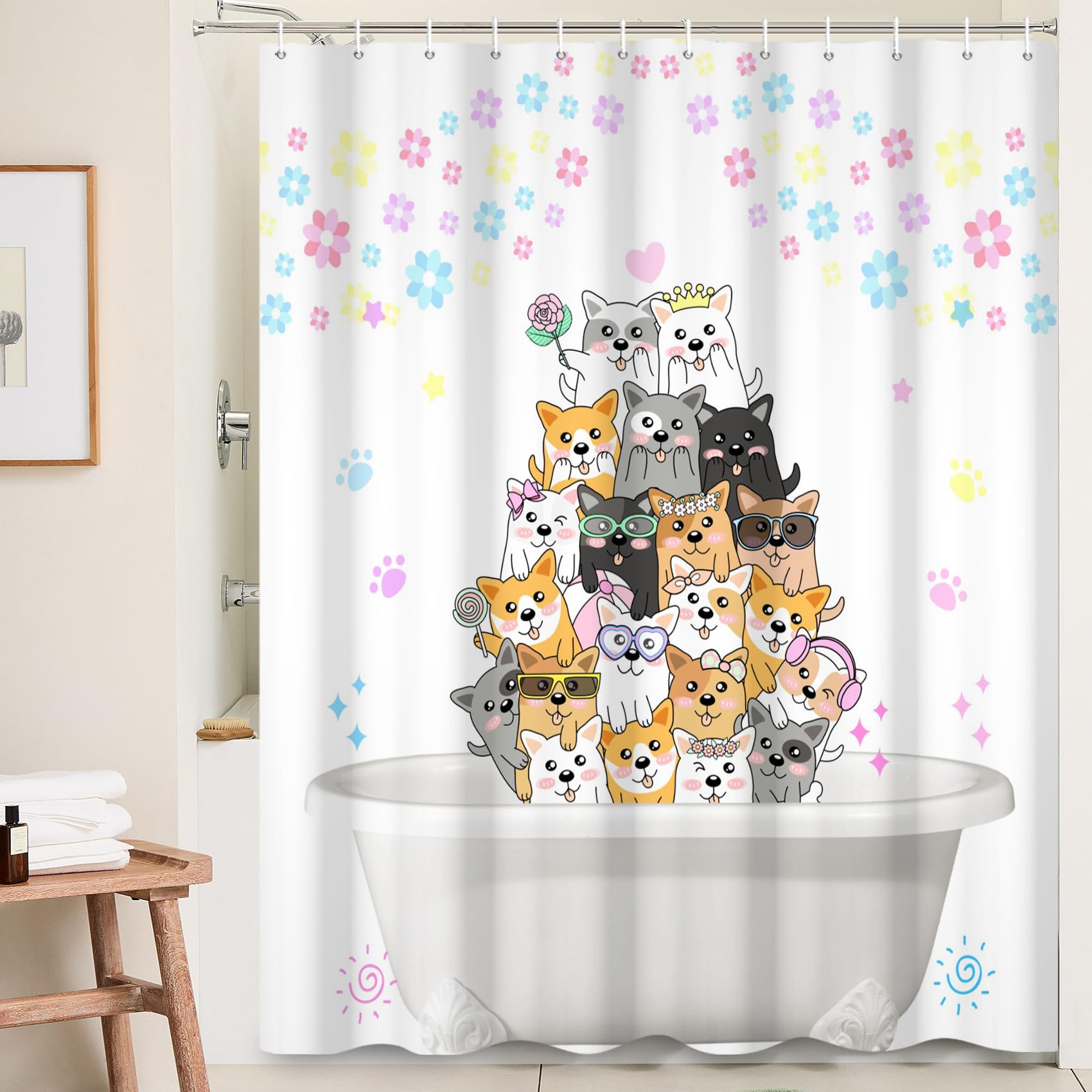 Ttincceer Cute Dog Shower Curtain – 71x71 Waterproof Polyester Bath Decor