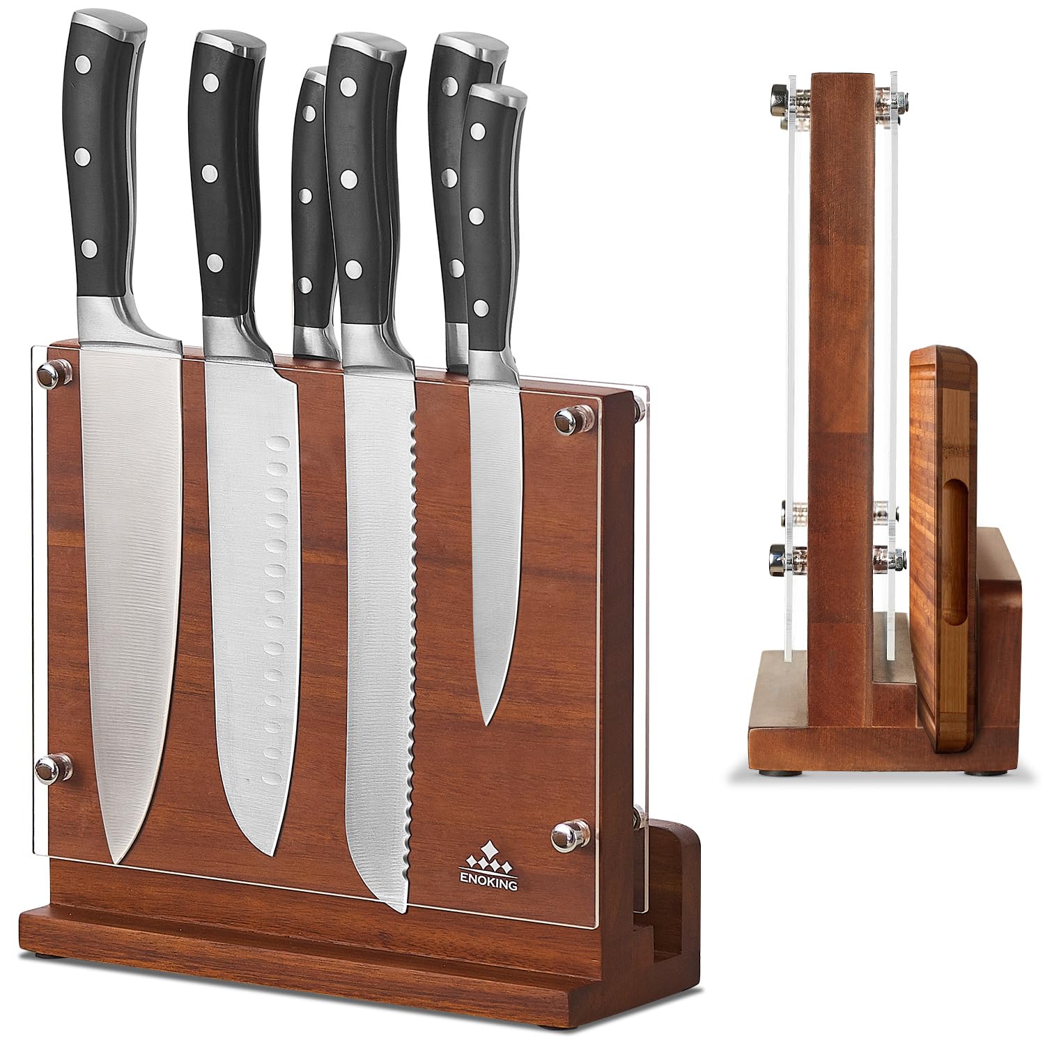 ENOKING Magnetic Knife Block | Acacia Wood Holder with Acrylic Shield