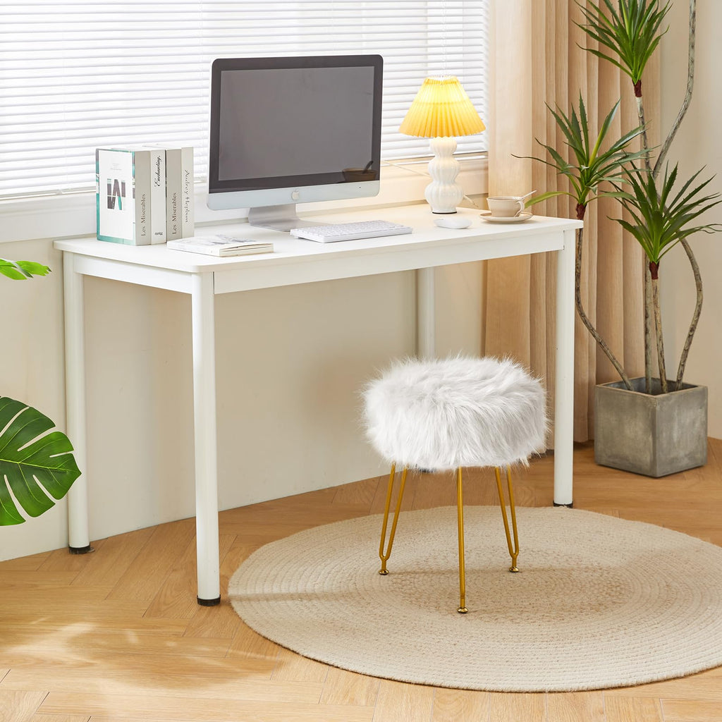 IBUYKE Faux Fur Vanity Chair, Furry Makeup Stool Ottoman, White L/G-32W - image 3