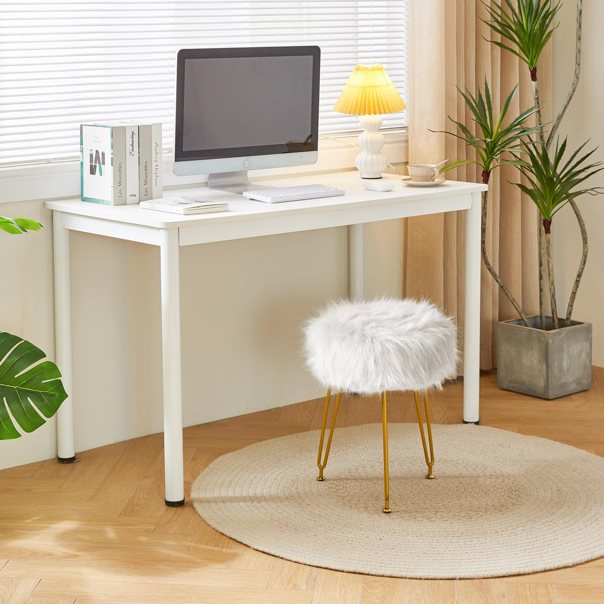 IBUYKE Faux Fur Vanity Chair, Furry Makeup Stool Ottoman, White L/G-32W - image 3