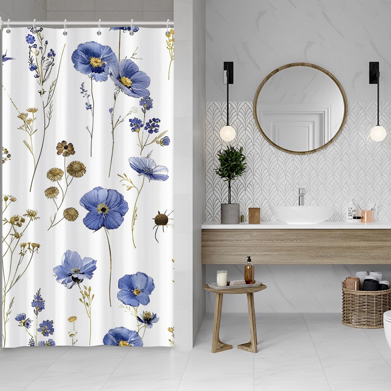 Floral Shower Curtain – Waterproof Blue Flowers – 120x200cm