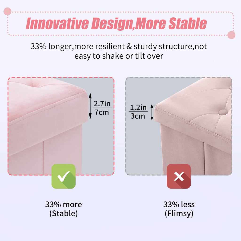 BRIAN & DANY Pink Velvet Folding Storage Ottoman with Wood Legs
