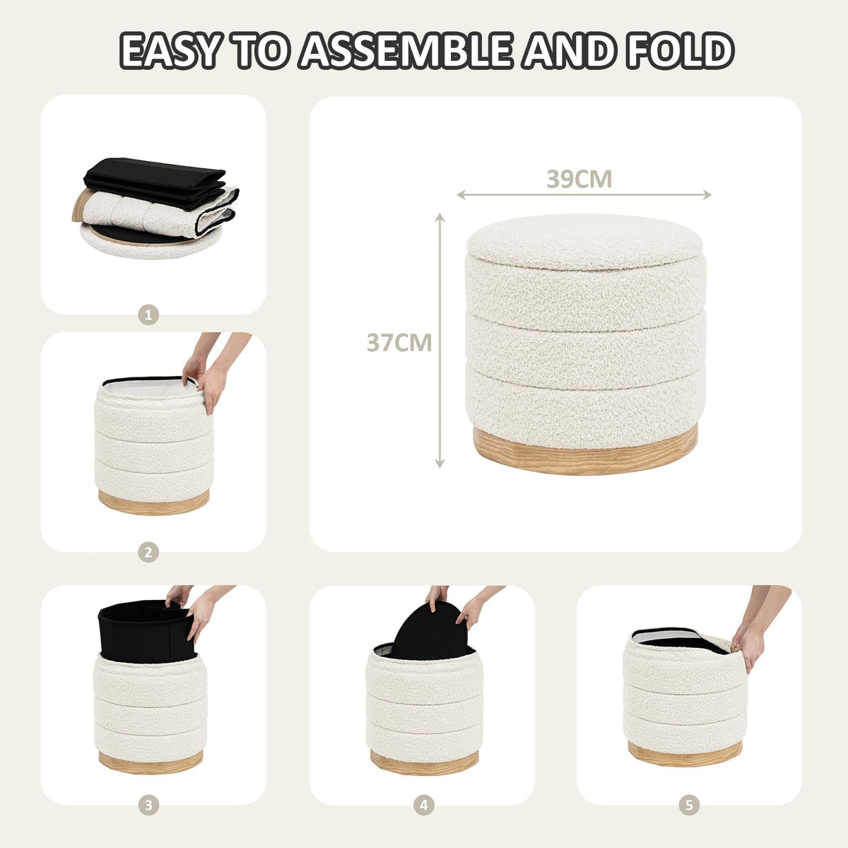 PINPLUS Round Chenille Storage Ottoman, Tray Top, 39x39x37 cm, Cream White