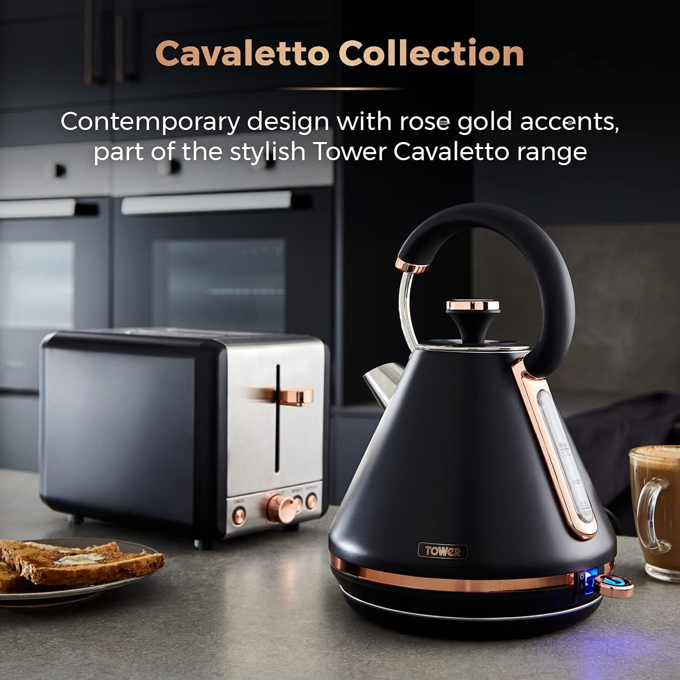 Tower Cavaletto Pyramid Kettle | 1.7L Rapid Boil | Black & Rose Gold
