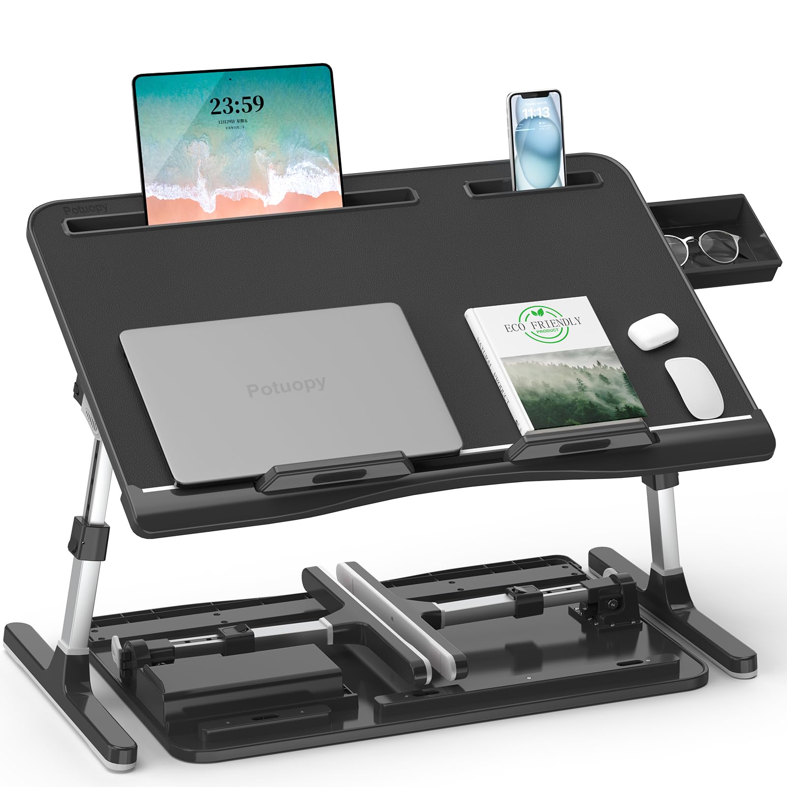 Potuopy X-Large Adjustable Laptop Bed Table | Foldable Leather Desk