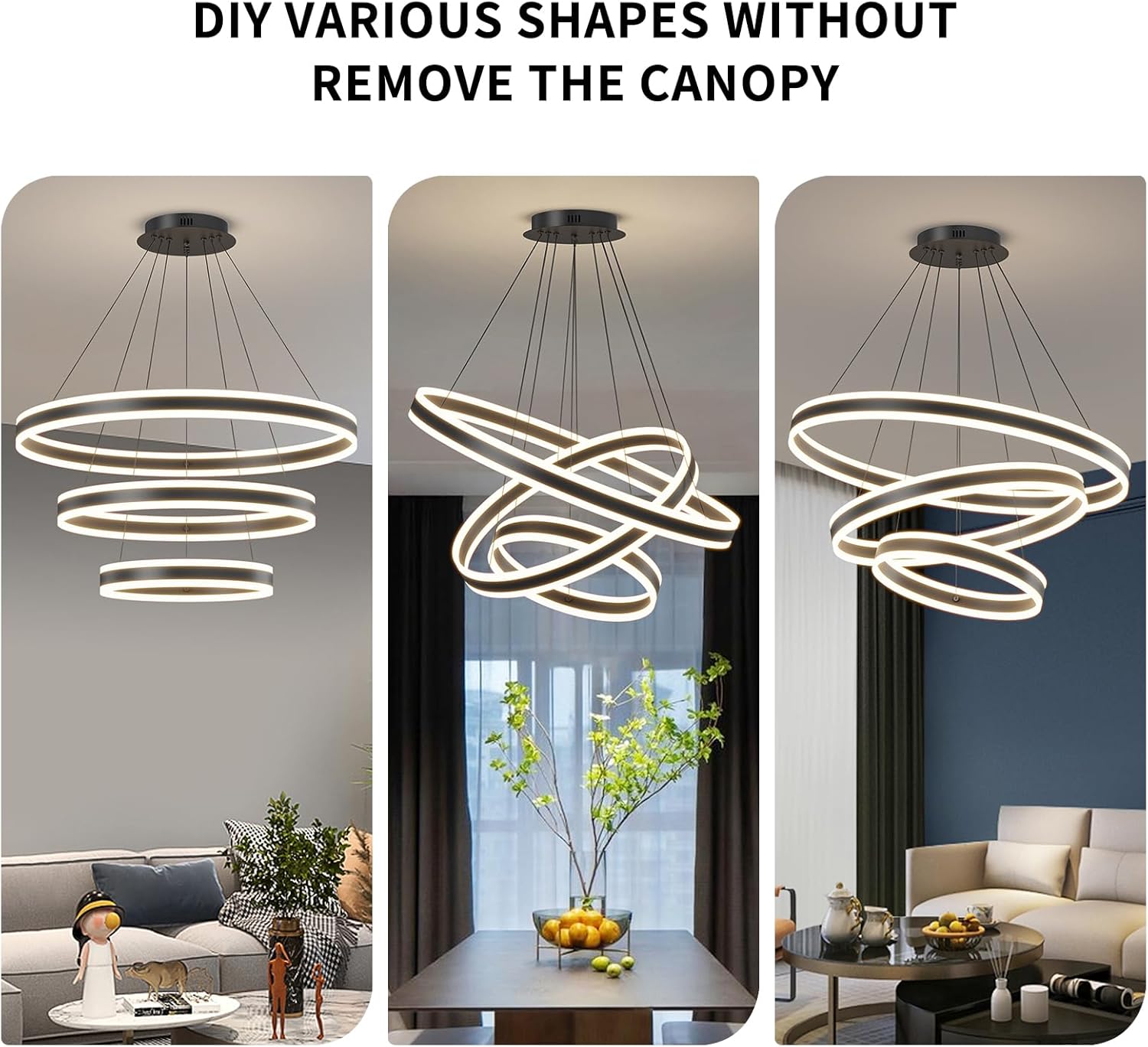 Mikeru 3-Ring LED Pendant Light – Dimmable Modern Chandelier, 20+40+60cm