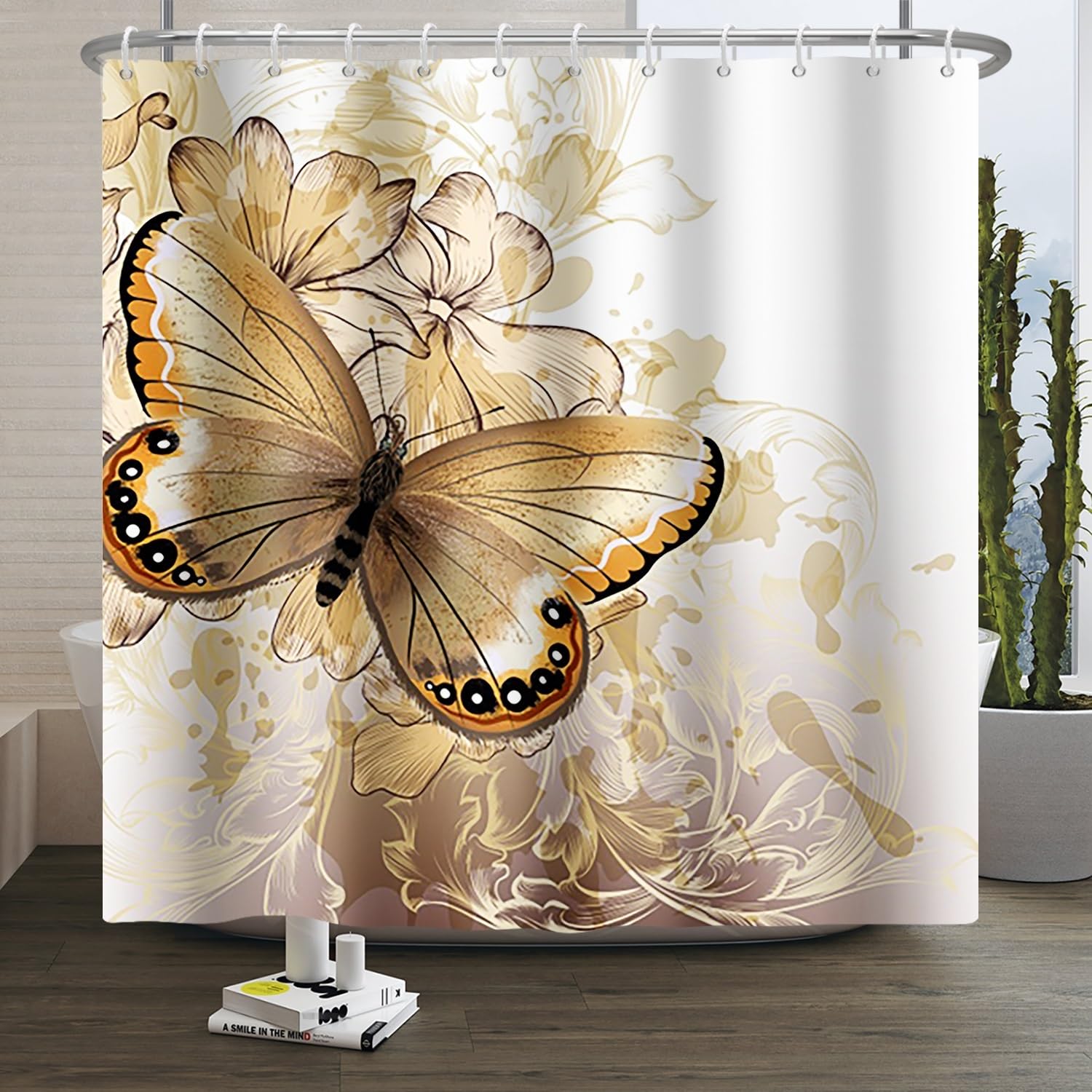 Jolof Store Gold Butterfly Floral Shower Curtain | Waterproof Polyester