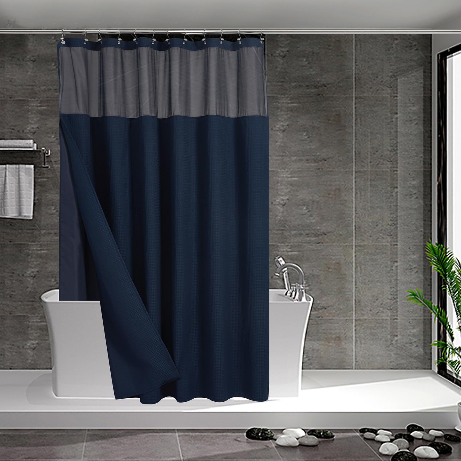 Jolof Store Navy Blue Waffle Weave Shower Curtain with Snap-In Liner