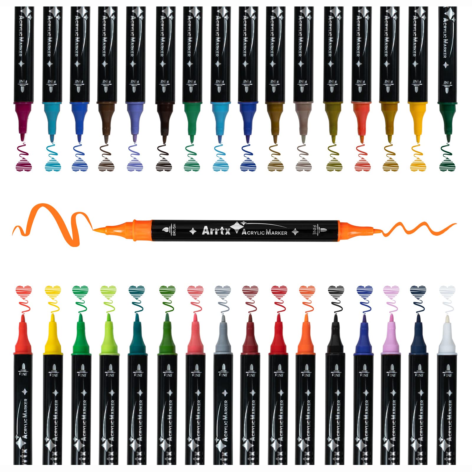 Arrtx Acrylic Paint Pens | 32 Colors Dual Tip Brush Markers for Rock Painting