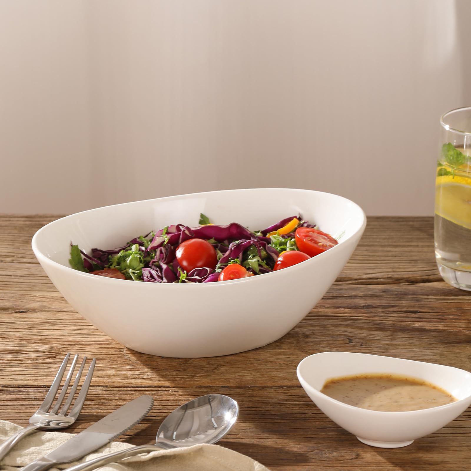 LIFVER 36oz White Porcelain Salad Bowls - Set of 4 Oval Serving Bowls