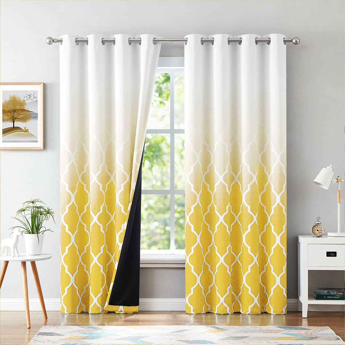 Beauoop Yellow Ombre Blackout Curtains - 90 Inch Geometric Eyelet Drapes