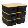6Pcs Storage Plastic Baskets with Bamboo lids, Lidded Storage Bins - Black