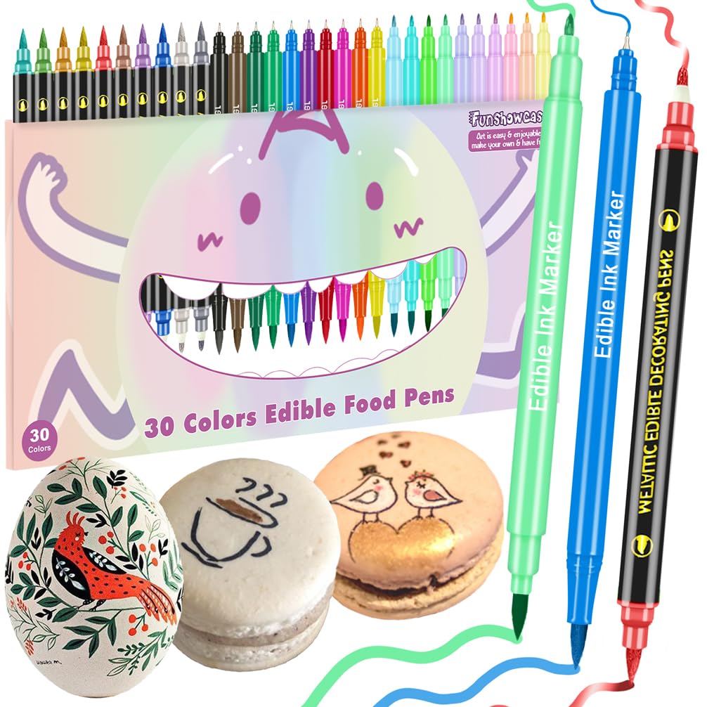 FUNSHOWCASE 30 Edible Markers | Dual-Sided Food Coloring Icing Pens