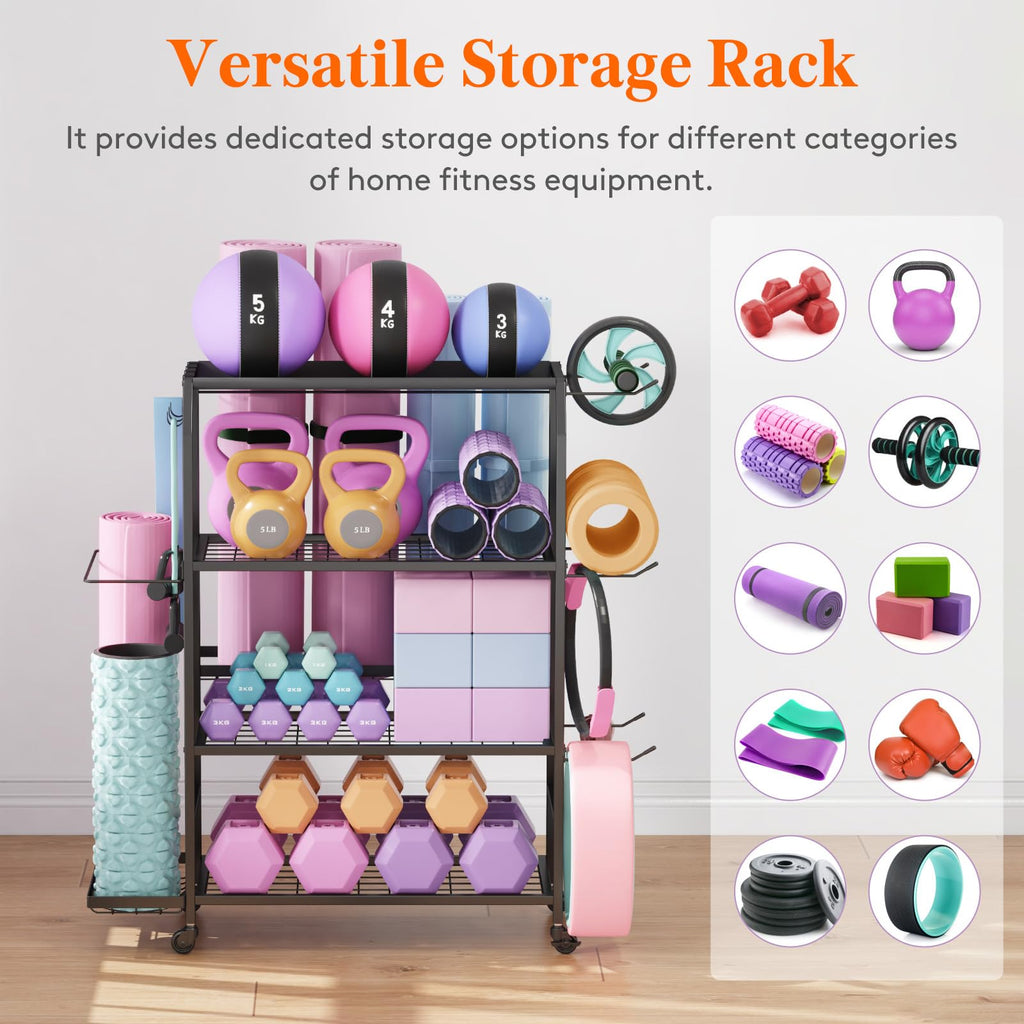 Lifewit Yoga Mat Holder | 4-Tier Metal Home Gym Storage Rack with Wheels