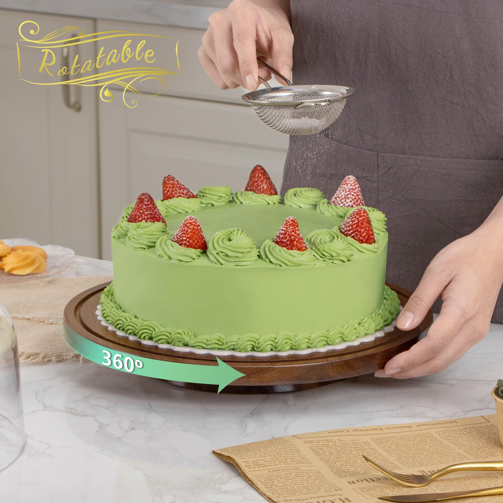 ANBOXIT Acacia Wood Rotating Cake Stand with Acrylic Dome Lid – 360° Base