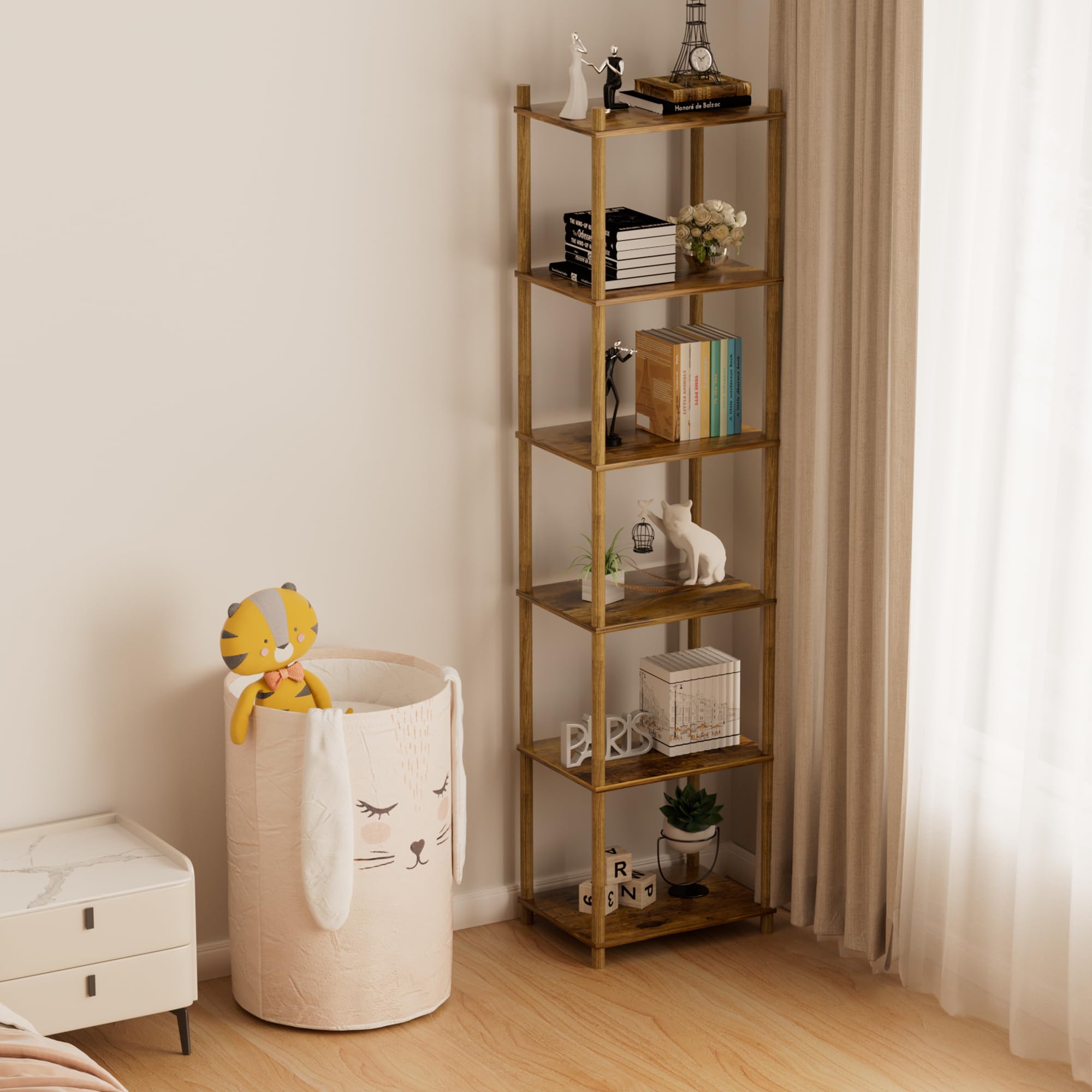YGYQZ 6-Tier Narrow Bookshelf – Tall Rustic Brown Corner Storage Unit