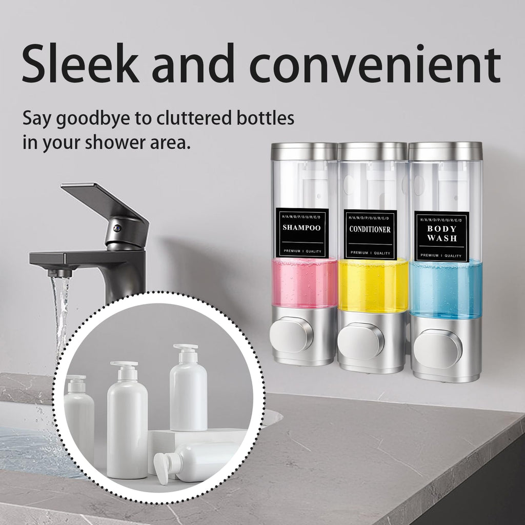 3 Chamber Shampoo and Conditioner Dispenser, Wall Mounted, 300 ml, Silver - image 3